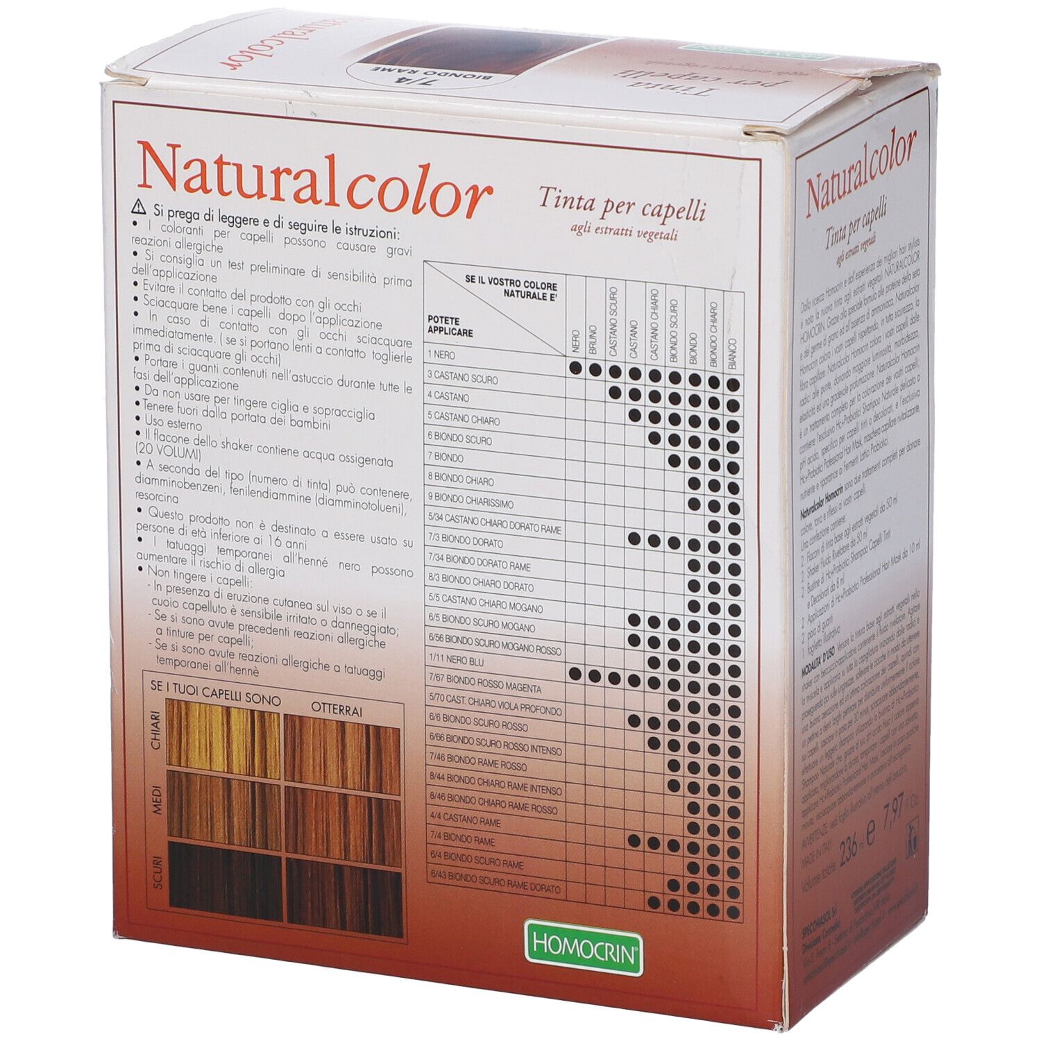Scatola tinta per capelli Naturalcolor. Testo: Tinta per capelli, Doppia confezione. Logo Homocrin. Tabella colori.
