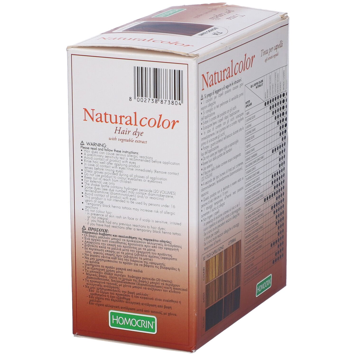 Scatola tinta per capelli Naturalcolor. Testo: Hair dye, with vegetable extract. Logo Homocrin. Codice a barre.
