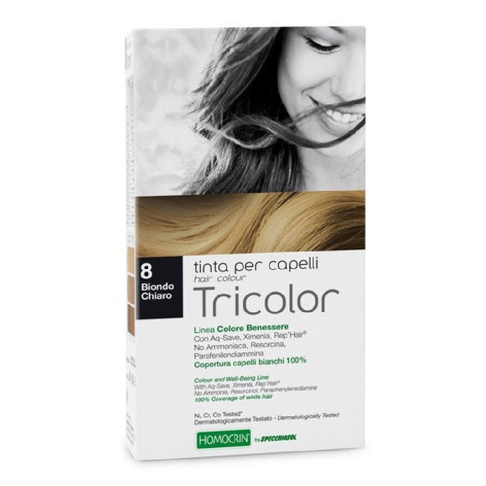 Confezione di tinta per capelli Tricolor, tonalità 8, Biondo Chiaro. Contiene testo e foto di una donna.
