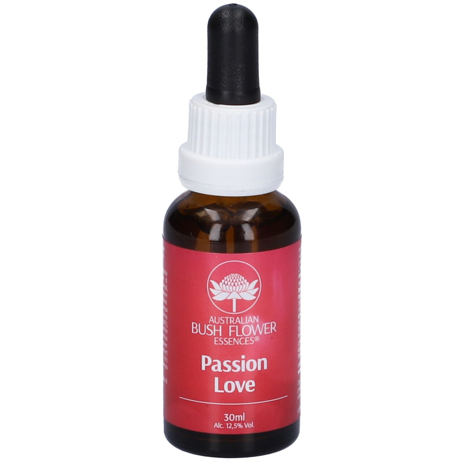 Flacone marrone con contagocce nero. Etichetta rossa con testo bianco: Passion Love, 30ml, 12,5% Vol. Logo: fiore.