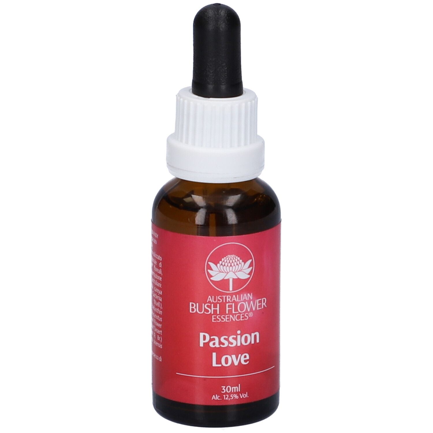 Flacone marrone con contagocce nero. Etichetta rossa con testo bianco: Passion Love, 30ml, 12,5% Vol. Logo: fiore.