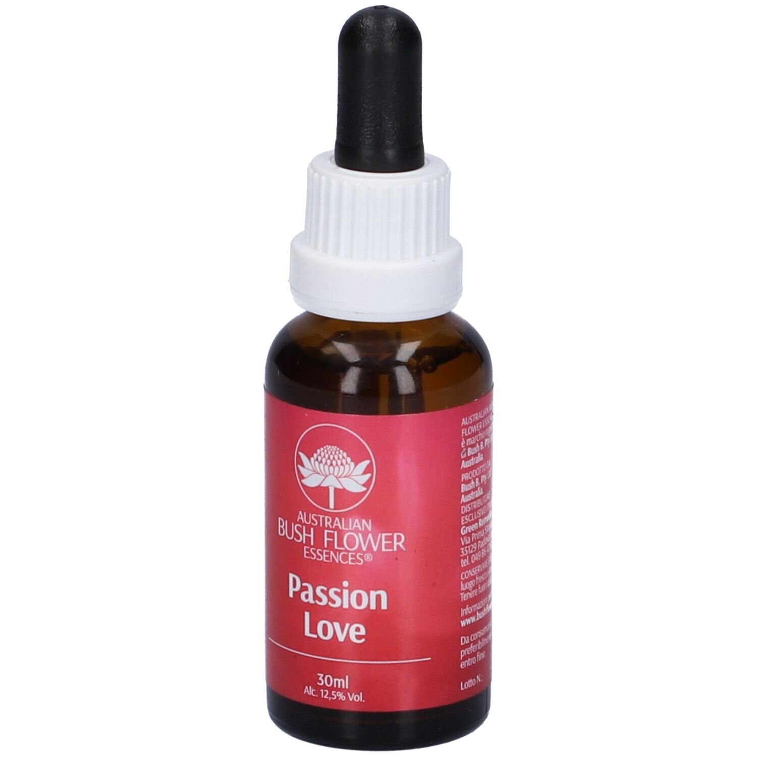 Flacone marrone con contagocce nero. Etichetta rossa con testo bianco: Passion Love, 30ml, 12,5% Vol. Logo: fiore.