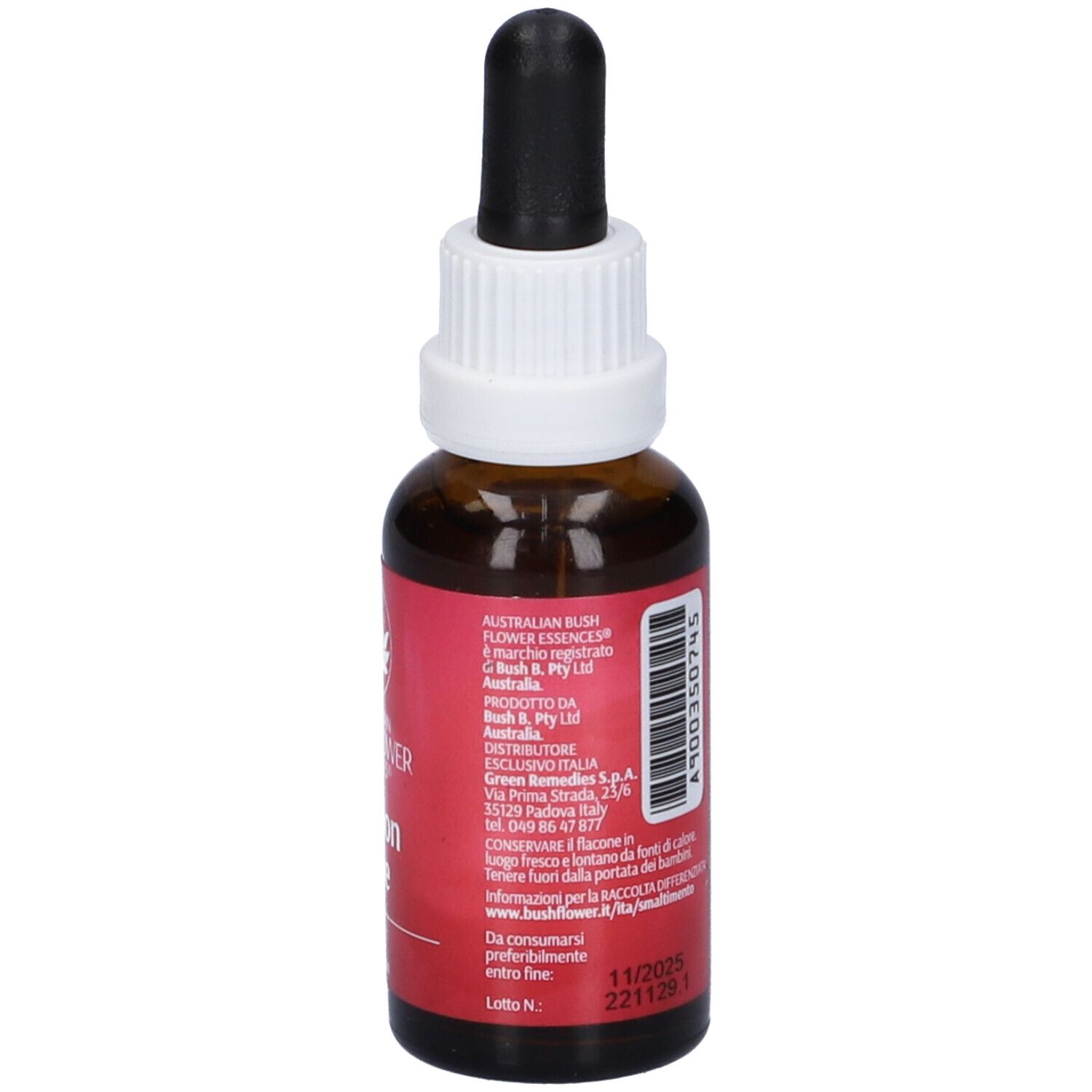 Flacone marrone con contagocce nero. Etichetta rossa con testo e logo. Testo: Australian Bush Flower Essences. Logo: fiore.
