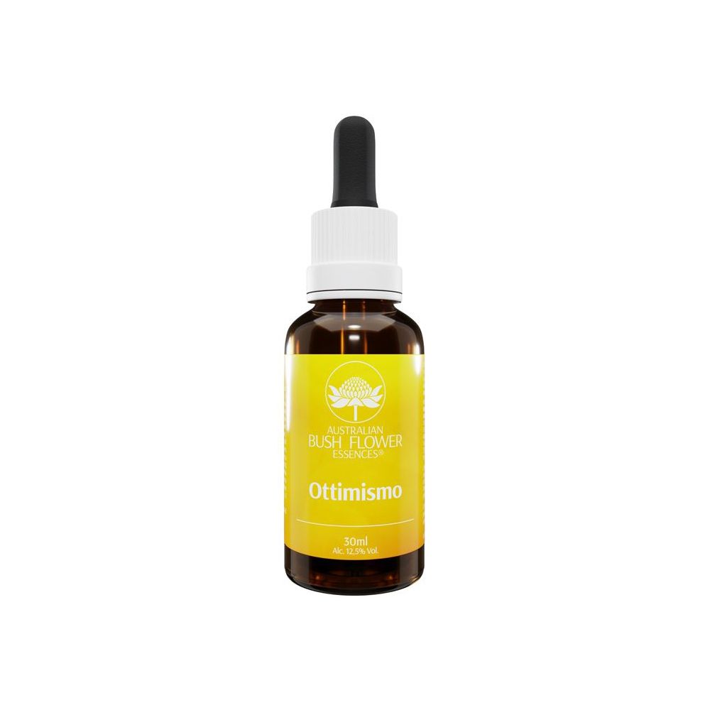 Flacone di vetro marrone con etichetta gialla. Pipetta nera. Scritta: Ottimismo, Australian Bush Flower Essences.