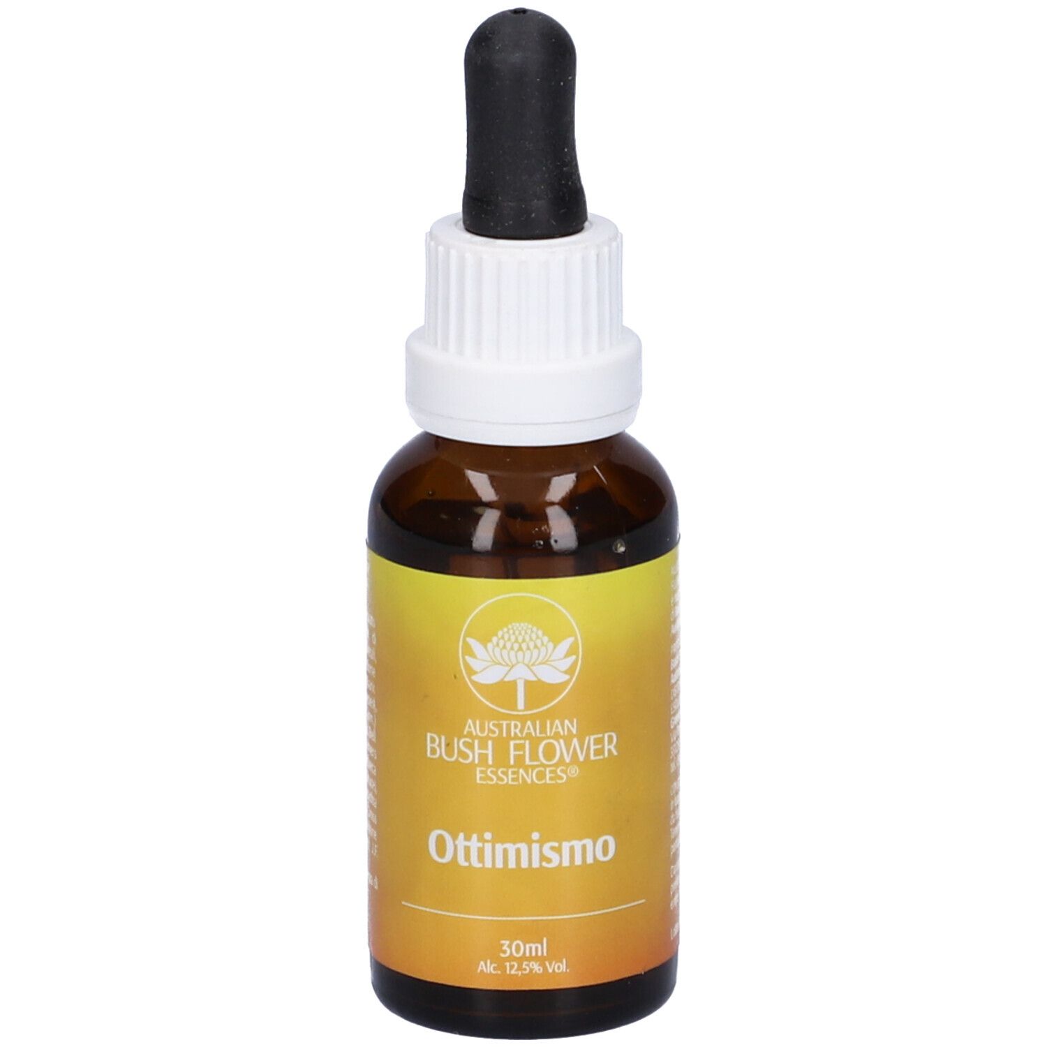 Flacone di vetro marrone con etichetta gialla. Pipetta nera. Scritta: Ottimismo, Australian Bush Flower Essences, 30ml.