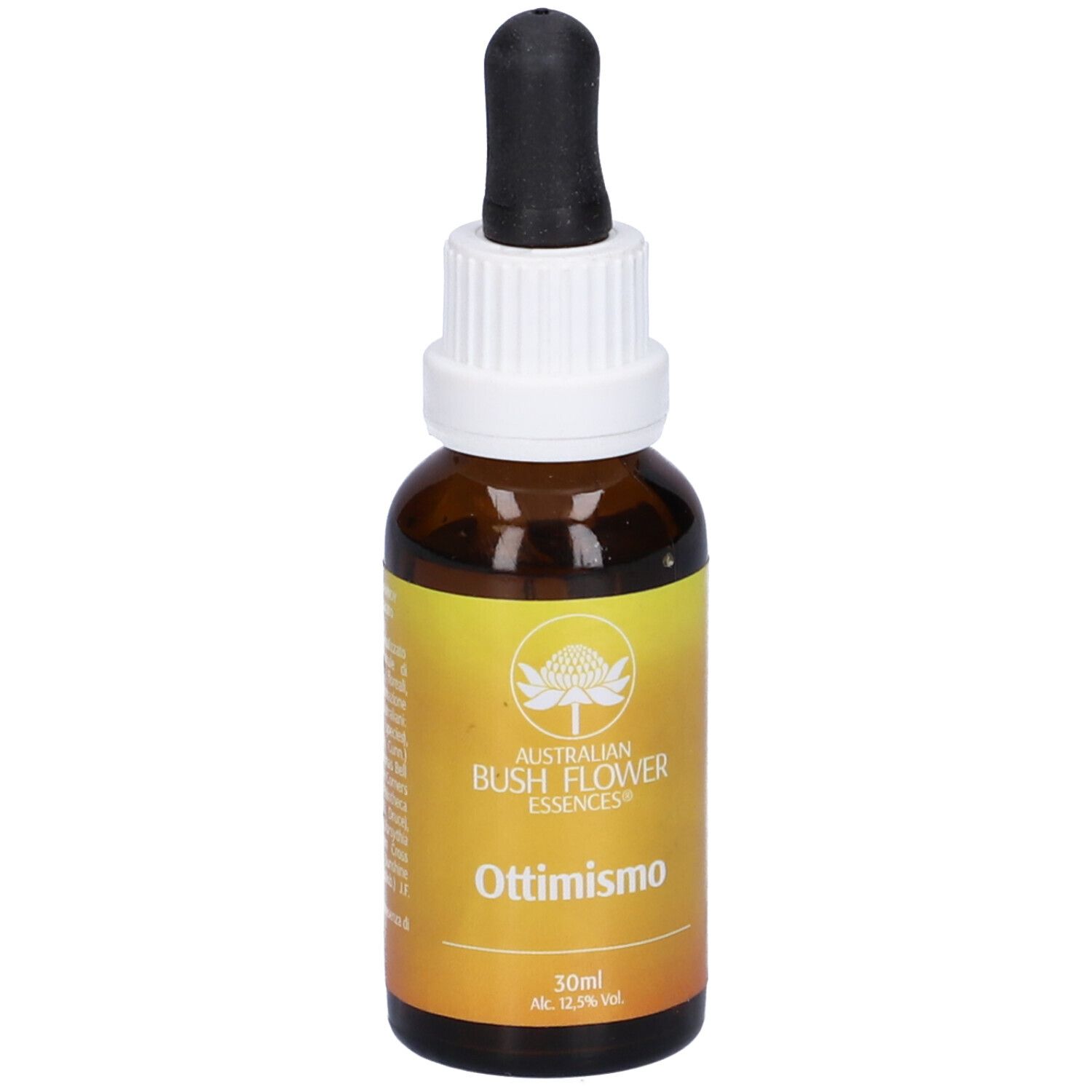 Flacone di vetro marrone con etichetta gialla. Pipetta nera. Scritta: Ottimismo, Australian Bush Flower Essences, 30ml.
