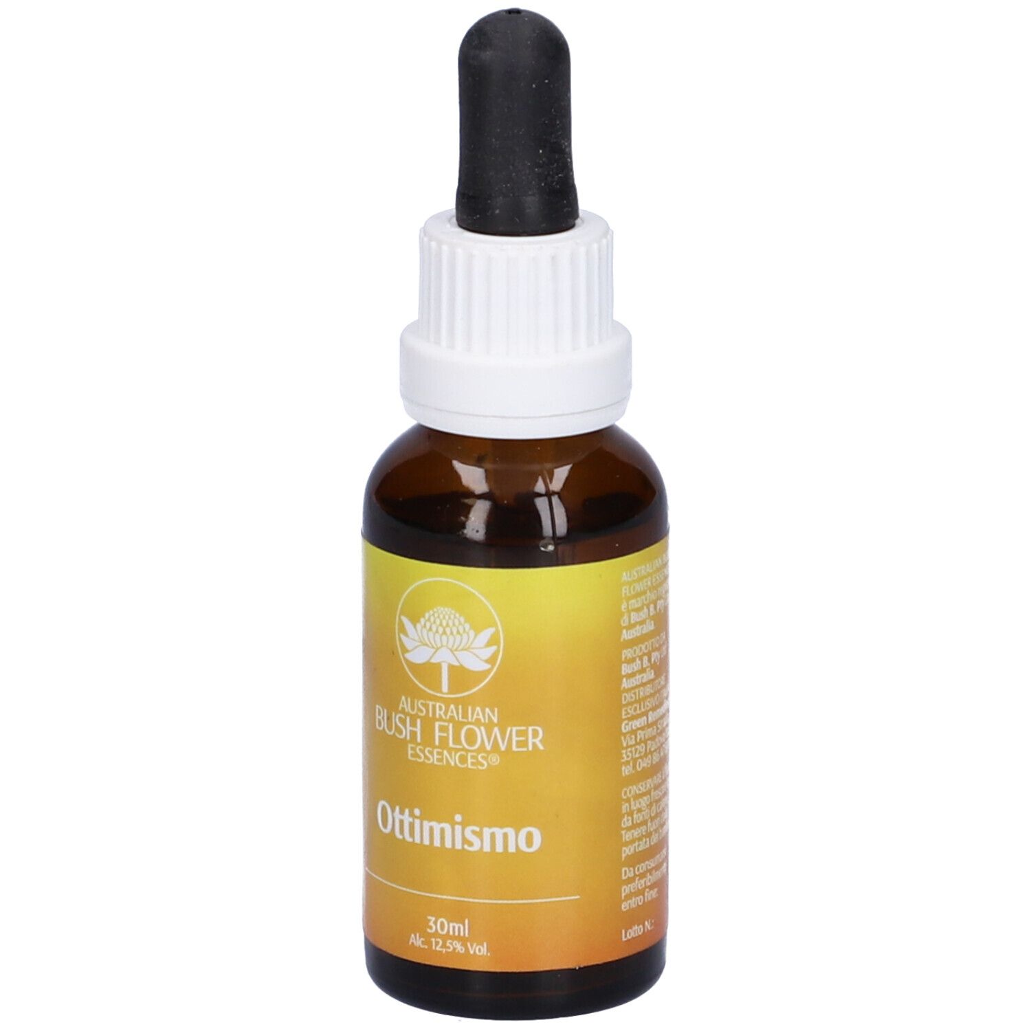 Flacone di vetro marrone con etichetta gialla. Pipetta nera. Scritta: Ottimismo, Australian Bush Flower Essences, 30ml.