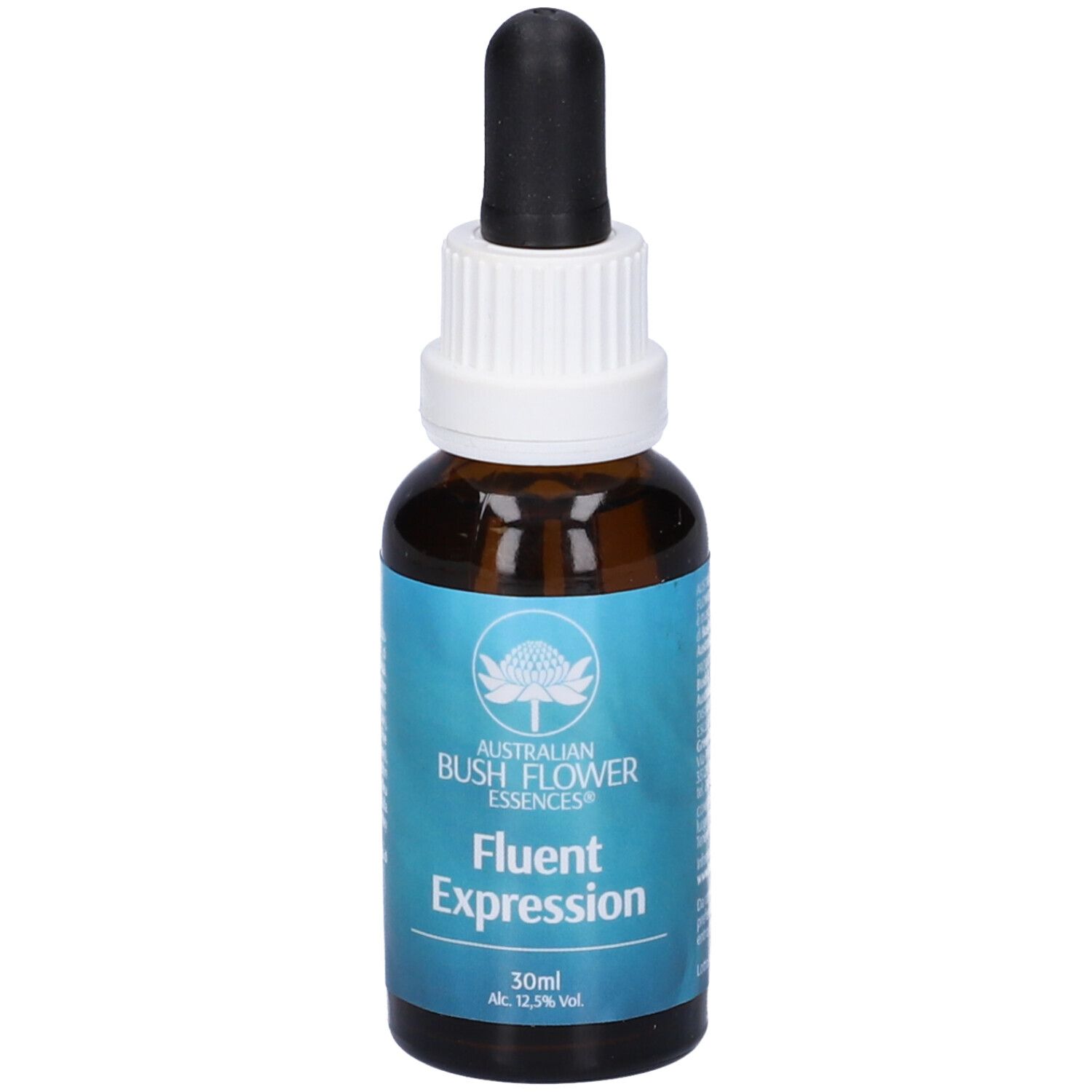 Flacone di vetro marrone con contagocce. L'etichetta riporta "Fluent Expression".