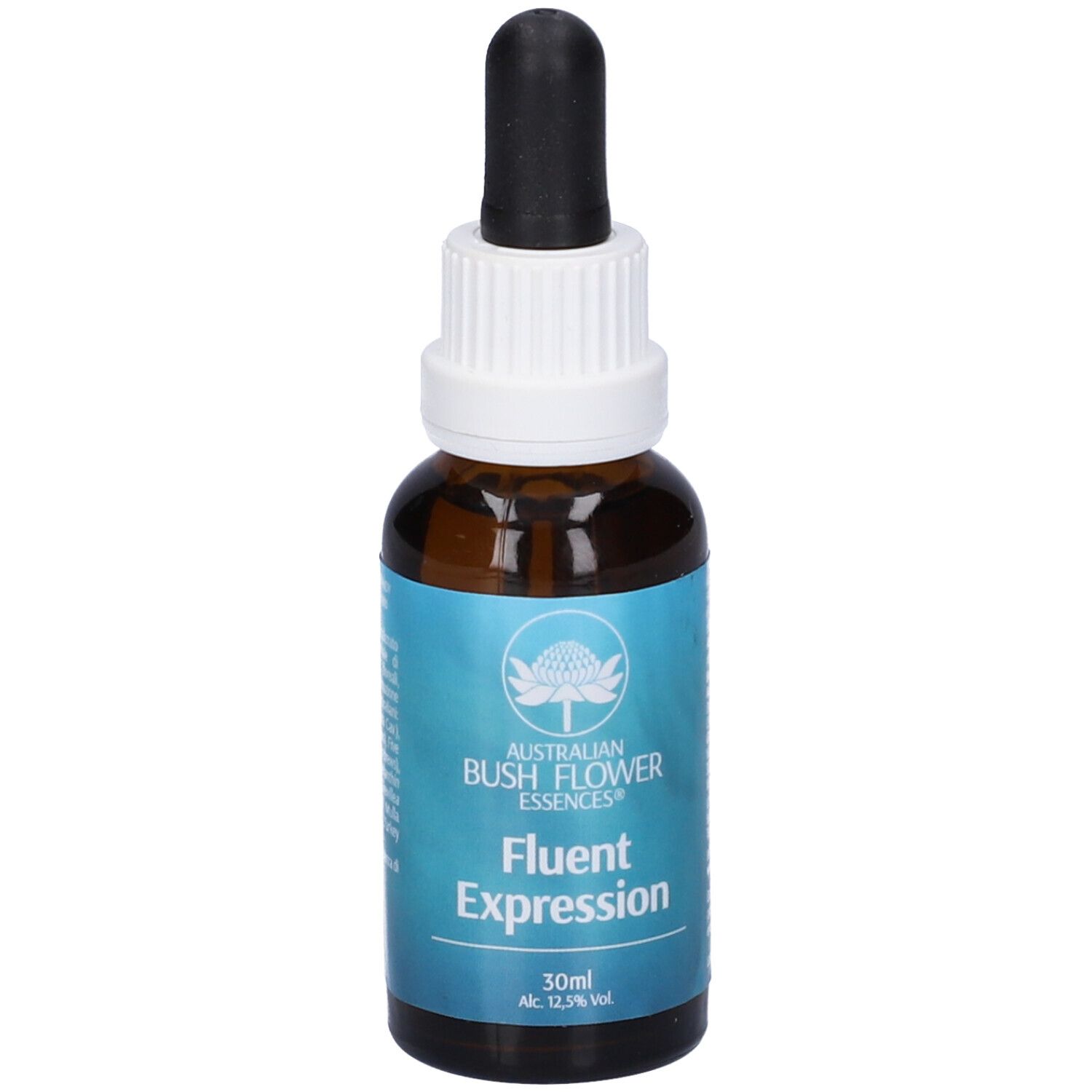 Flacone di vetro marrone con contagocce. L'etichetta riporta "Fluent Expression".