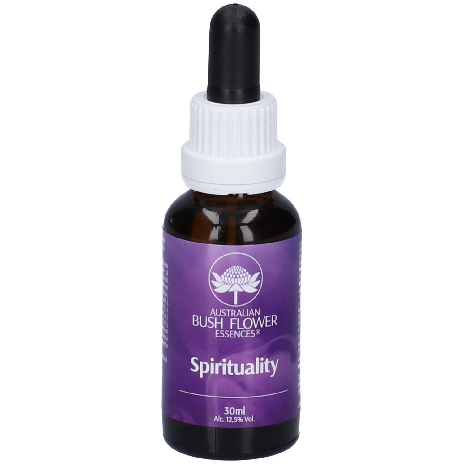 Flacone di vetro marrone con contagocce nero. Etichetta viola con logo e scritta: Spirituality. 30ml, 12,5% Vol.