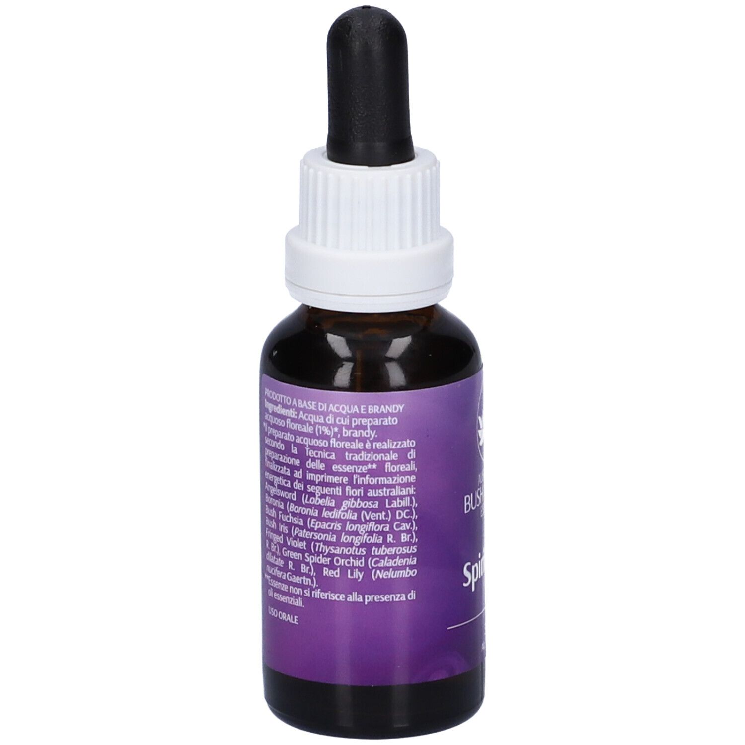 Flacone di vetro marrone con contagocce nero. Etichetta viola con logo e scritta: Spirituality. Elenco ingredienti.