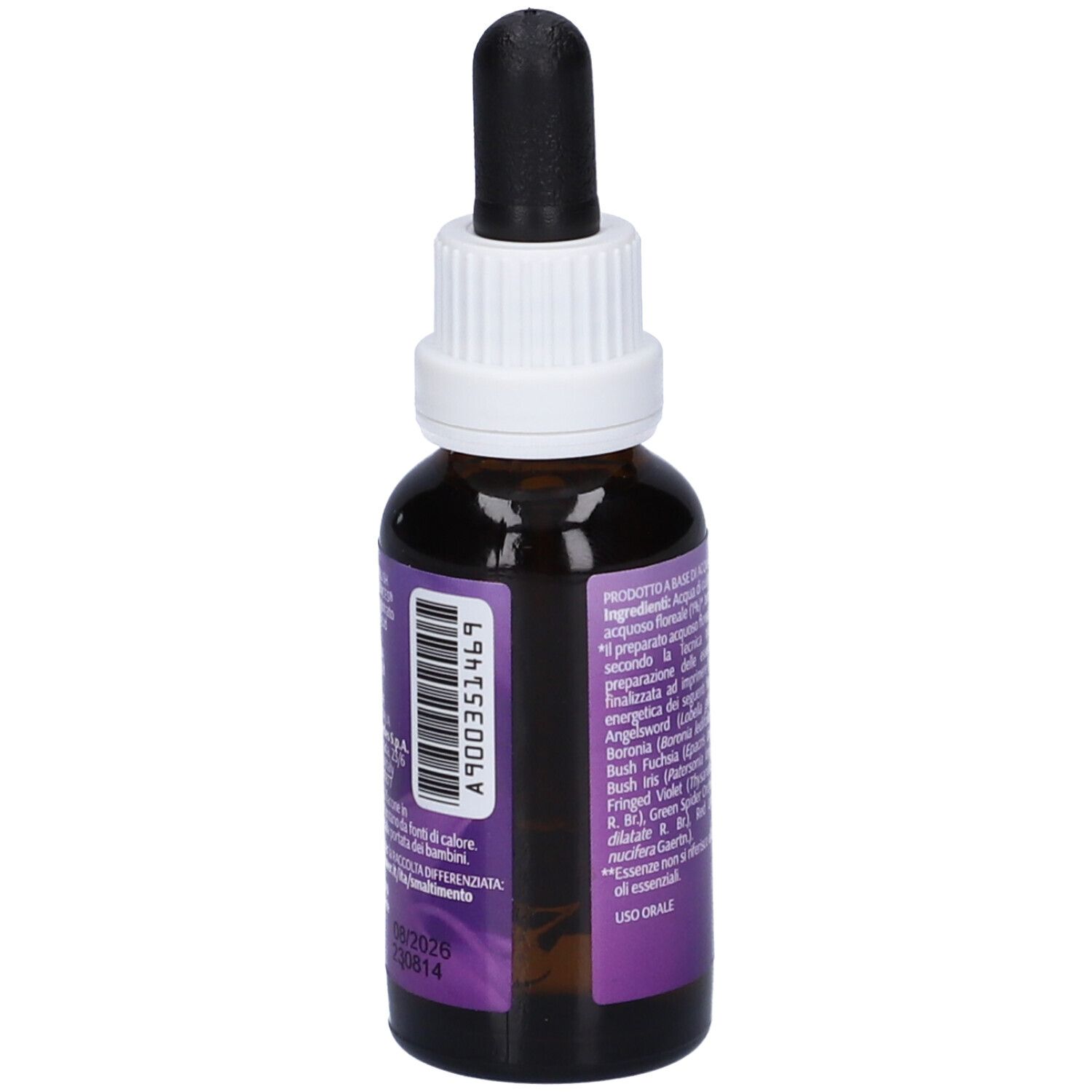 Flacone di vetro marrone con contagocce nero. Etichetta viola con logo e scritta: Spirituality. Retro con codice a barre.