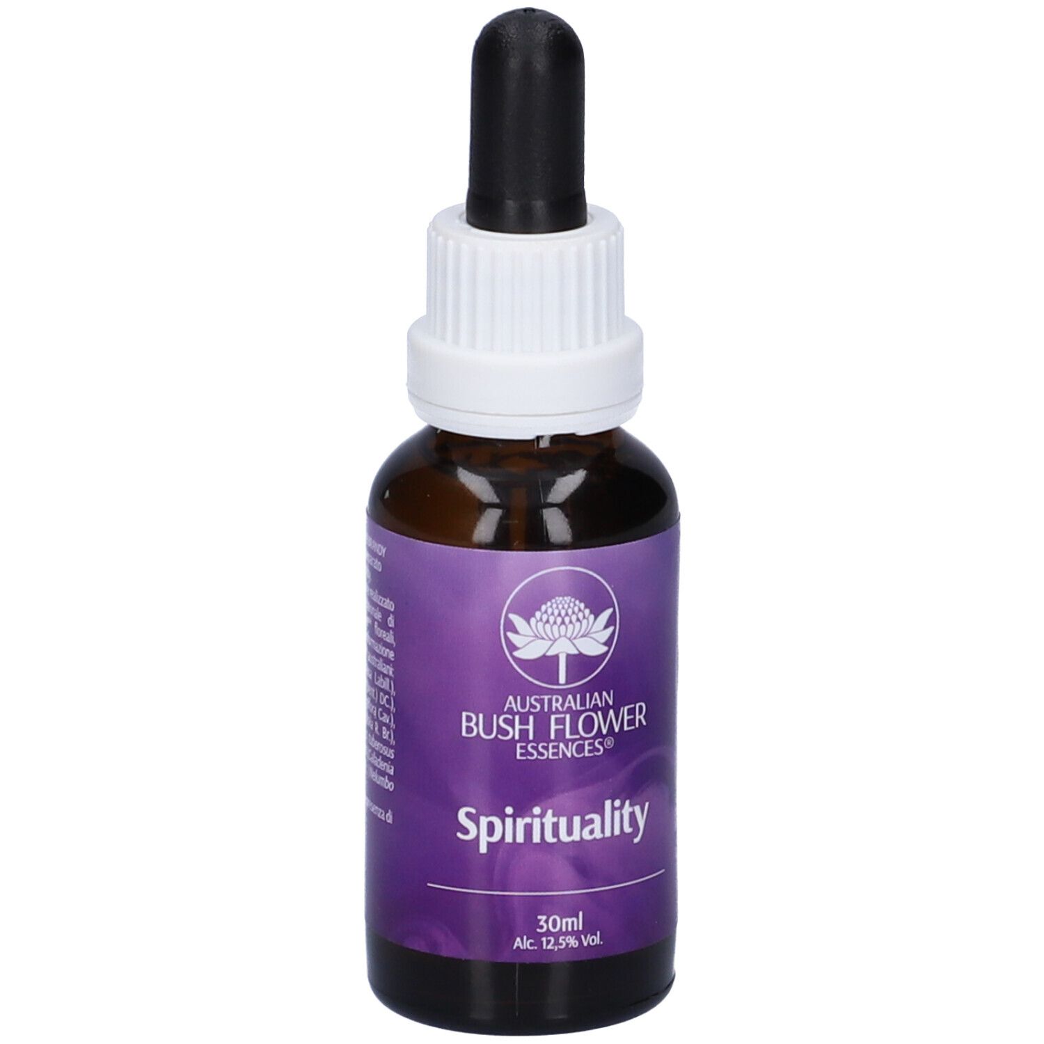 Flacone di vetro marrone con contagocce nero. Etichetta viola con logo e scritta: Spirituality. 30ml, 12,5% Vol.