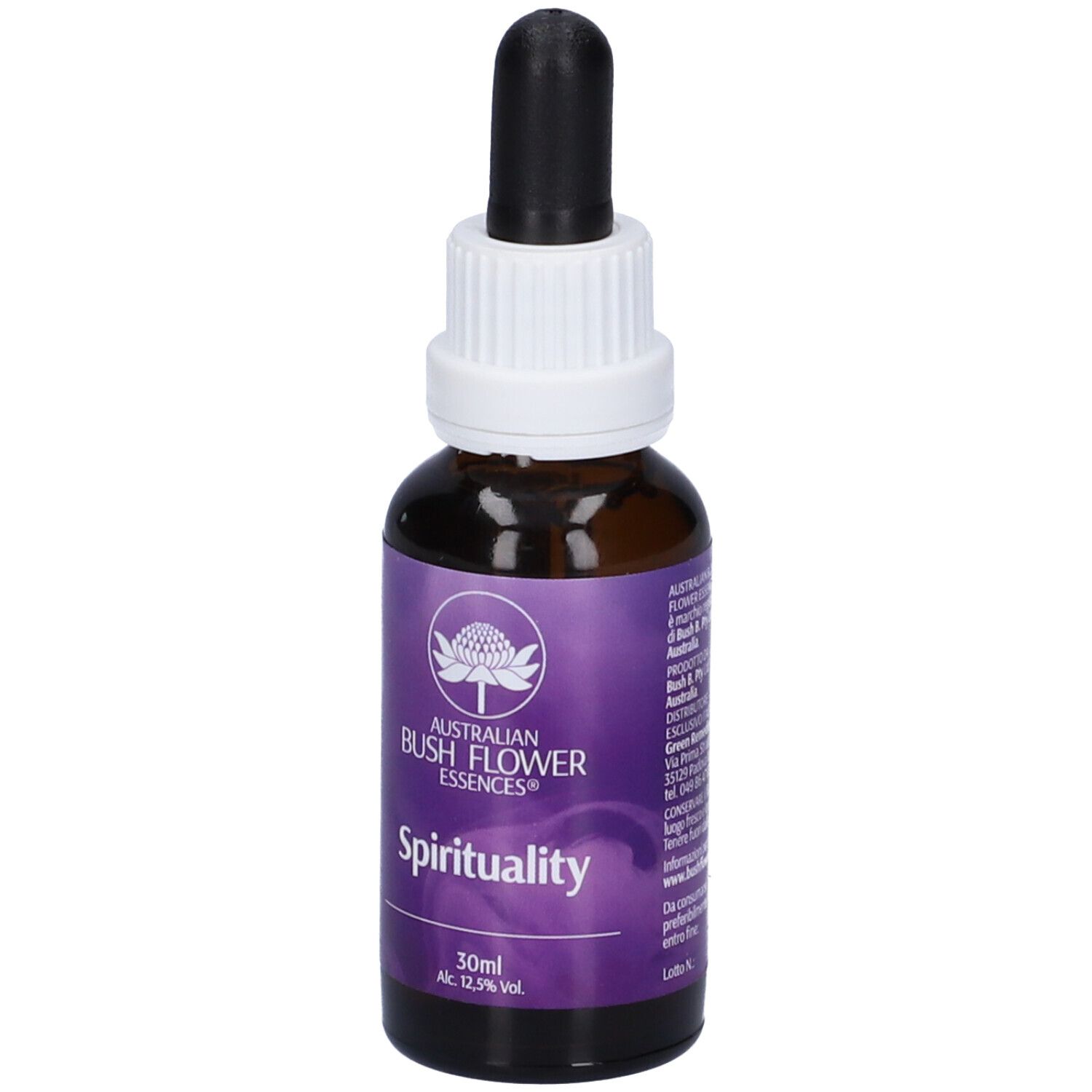 Flacone di vetro marrone con contagocce nero. Etichetta viola con logo e scritta: Spirituality. 30ml, 12,5% Vol.