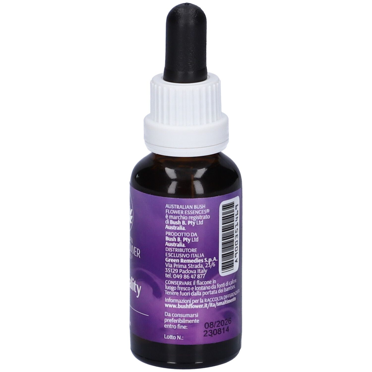 Flacone di vetro marrone con contagocce nero. Etichetta viola con logo e scritta: Spirituality. Retro con informazioni.