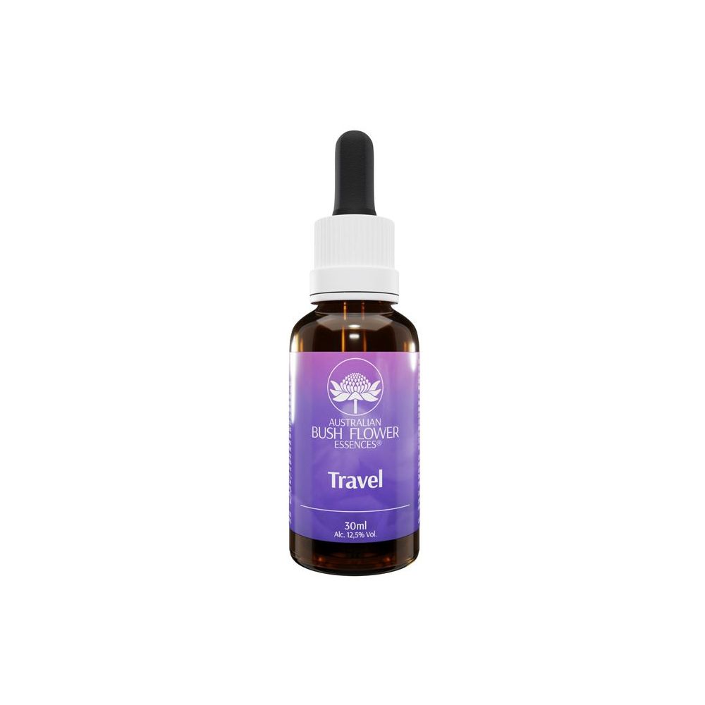 Flacone di vetro marrone con contagocce. L'etichetta riporta "Travel" e "Australian Bush Flower Essences".