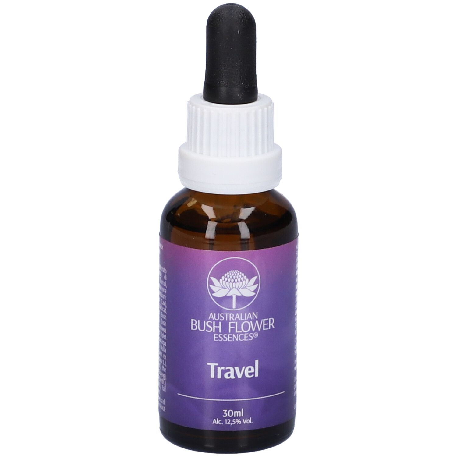 Flacone di vetro marrone con contagocce. L'etichetta riporta "Travel" e "Australian Bush Flower Essences".