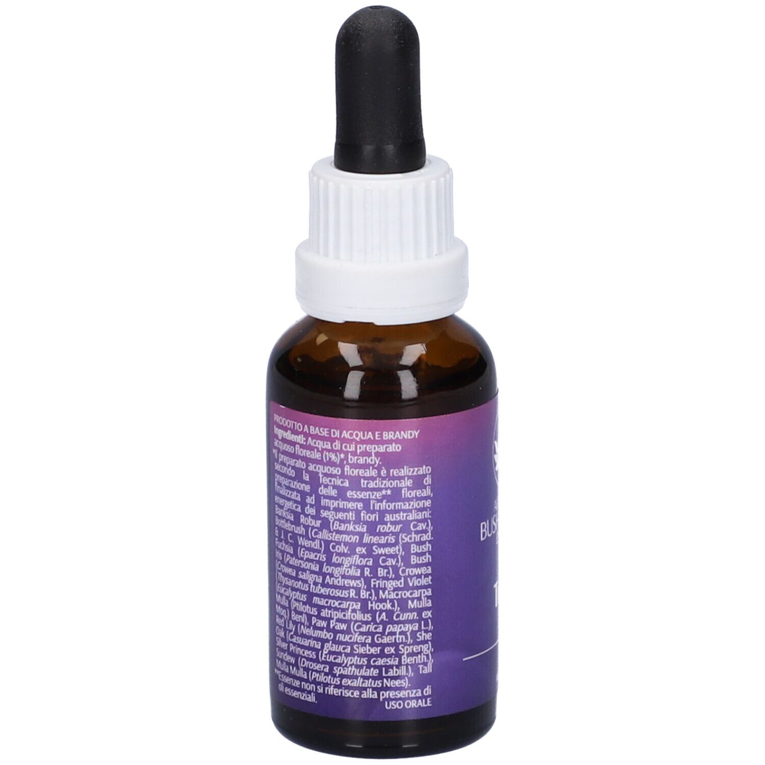 Flacone di vetro marrone con contagocce. L'etichetta riporta "Travel" e "Australian Bush Flower Essences".