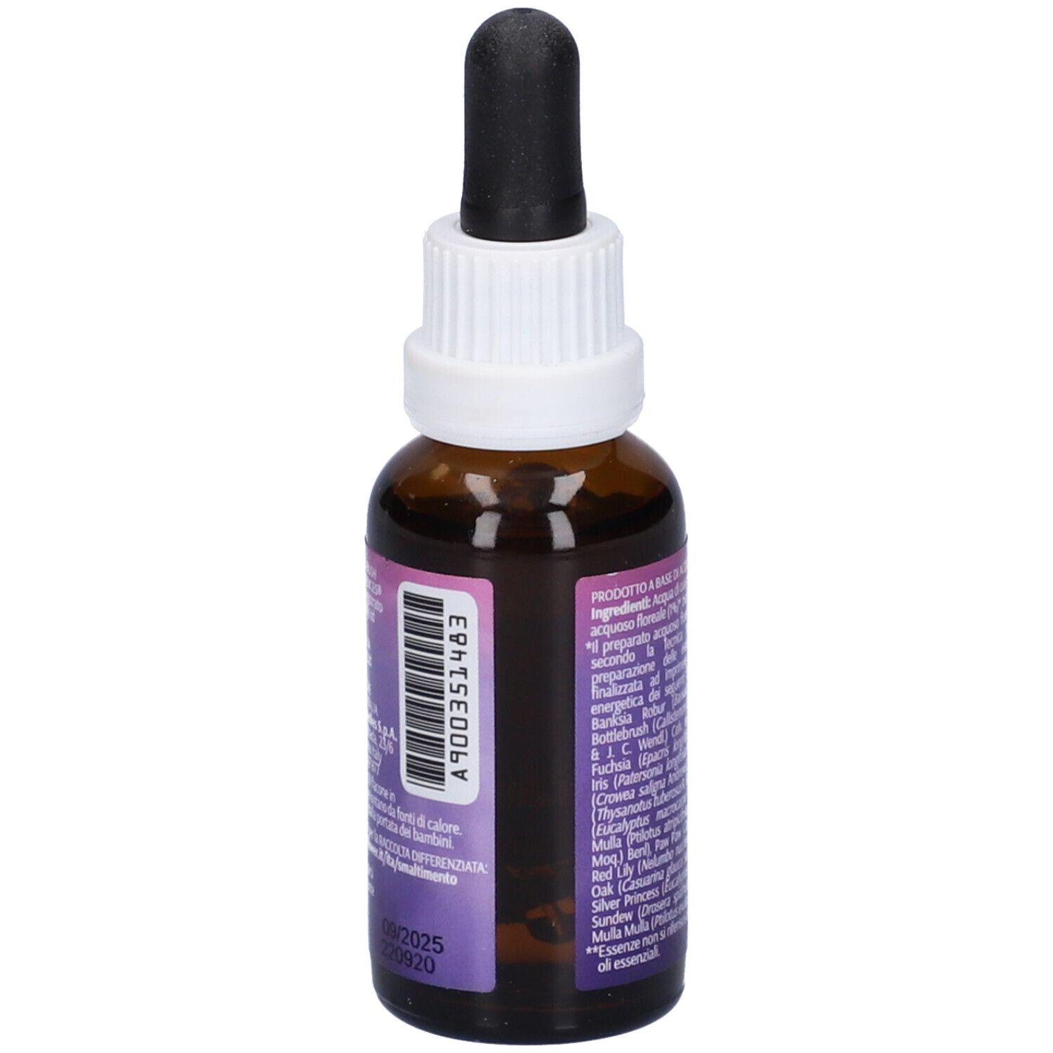 Flacone di vetro marrone con contagocce. L'etichetta riporta "Travel" e "Australian Bush Flower Essences".