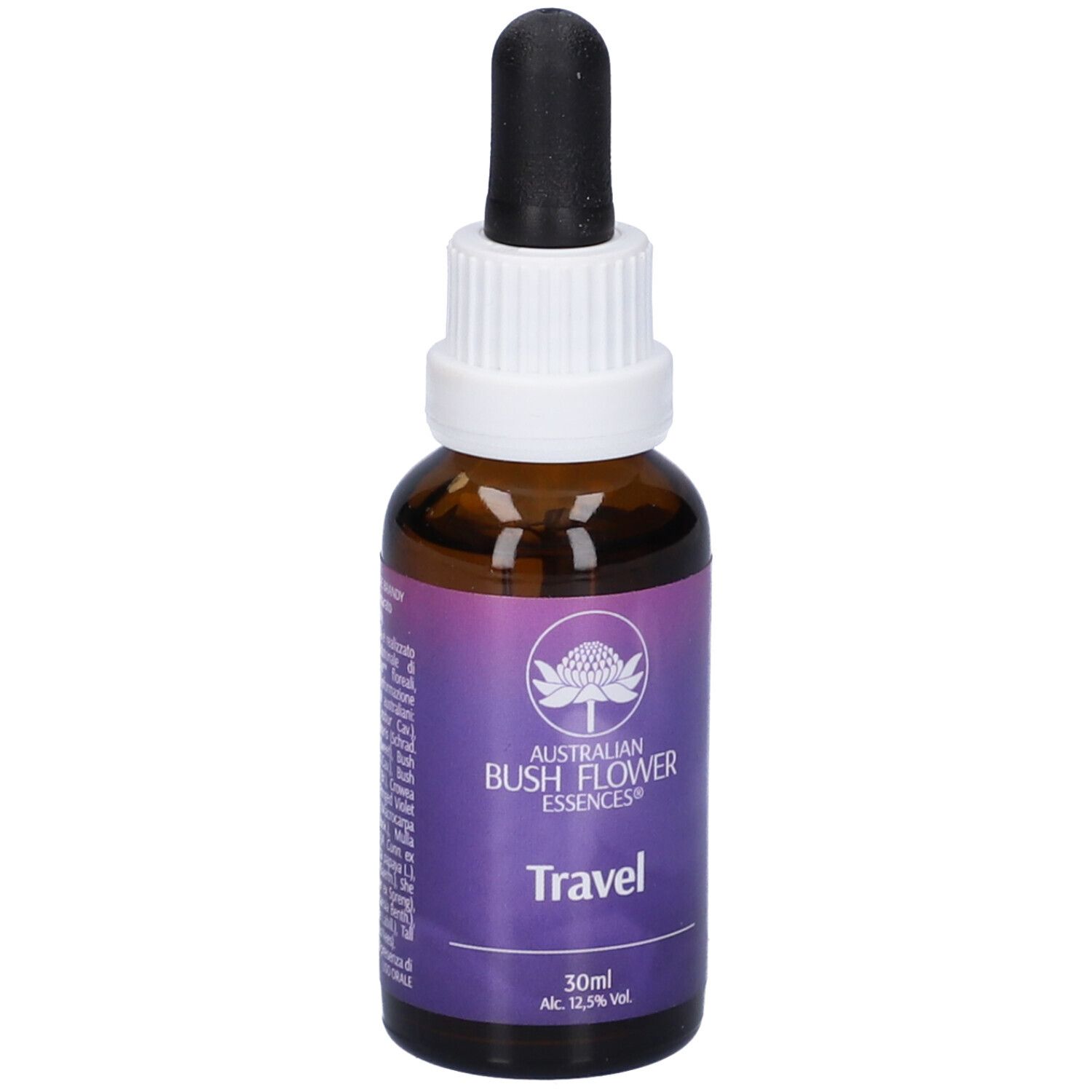 Flacone di vetro marrone con contagocce. L'etichetta riporta "Travel" e "Australian Bush Flower Essences".