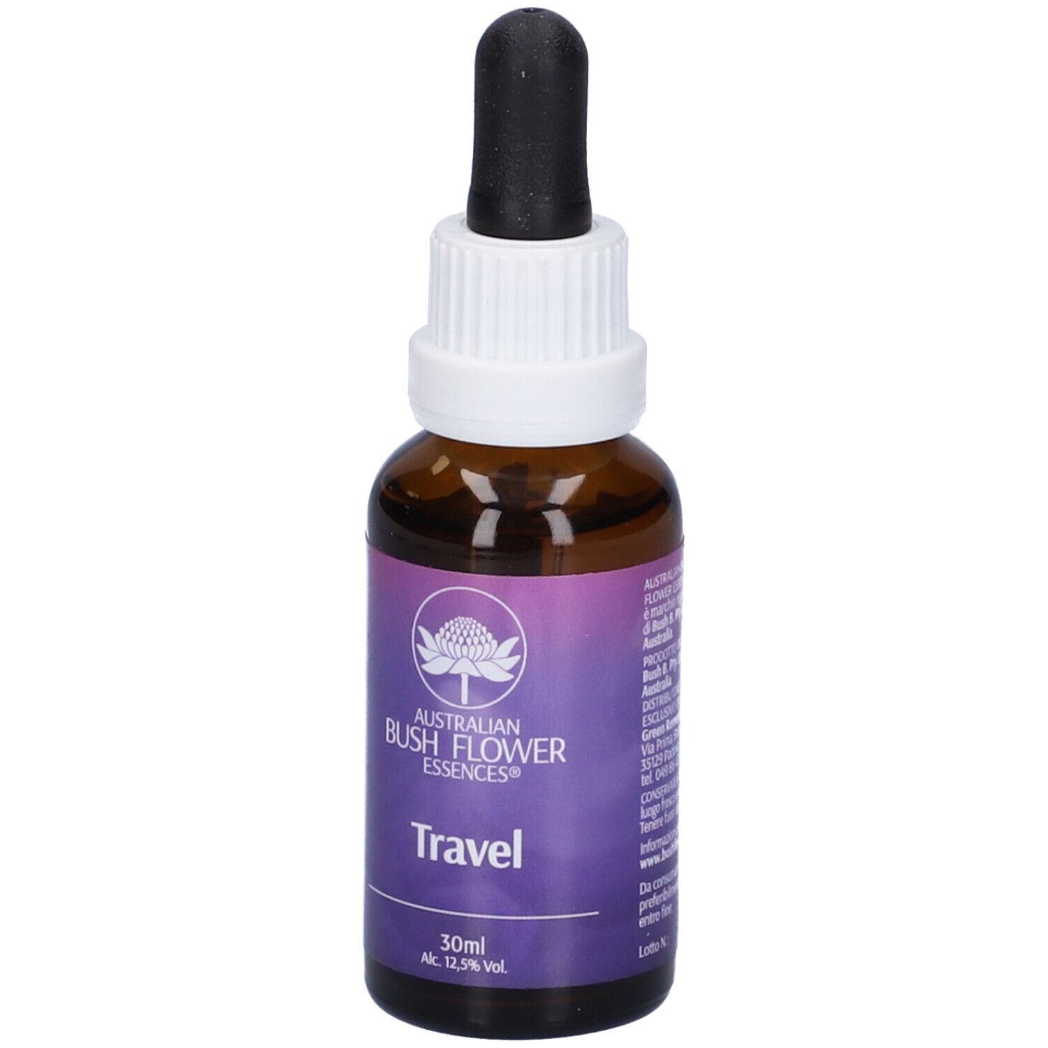 Flacone di vetro marrone con contagocce. L'etichetta riporta "Travel" e "Australian Bush Flower Essences".