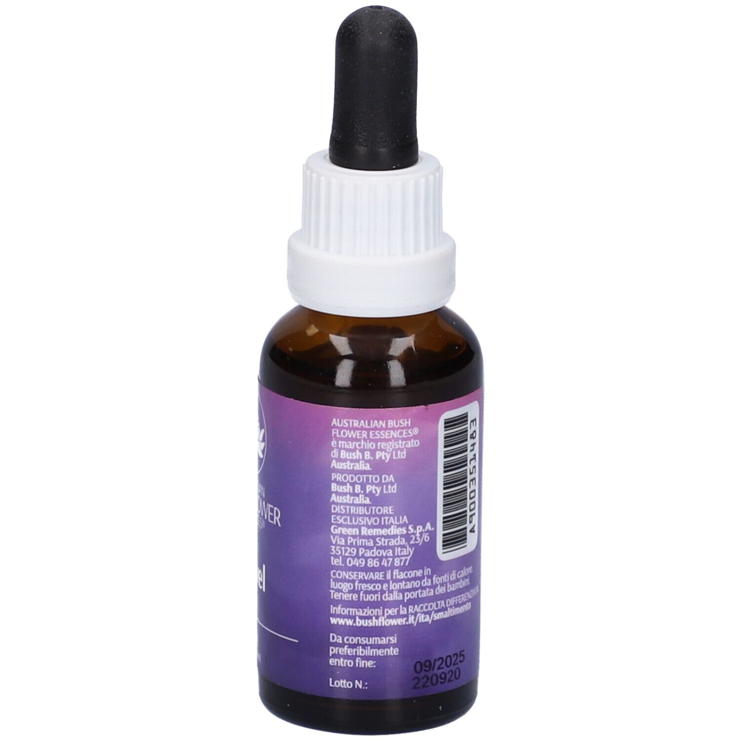 Flacone di vetro marrone con contagocce. L'etichetta riporta "Travel" e "Australian Bush Flower Essences".
