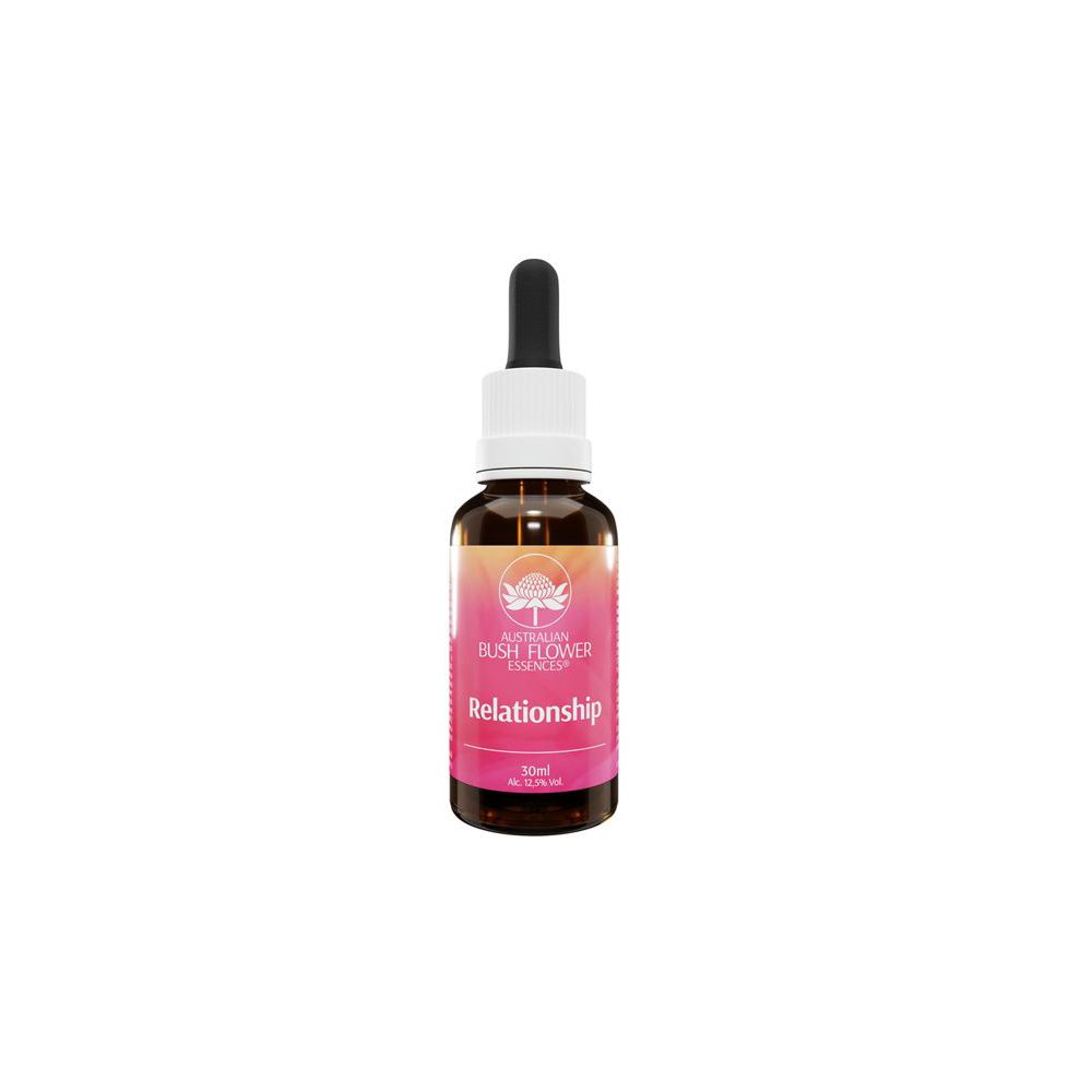 Flacone di vetro marrone con pipetta nera. Etichetta con testo: Relationship, Australian Bush Flower Essences.