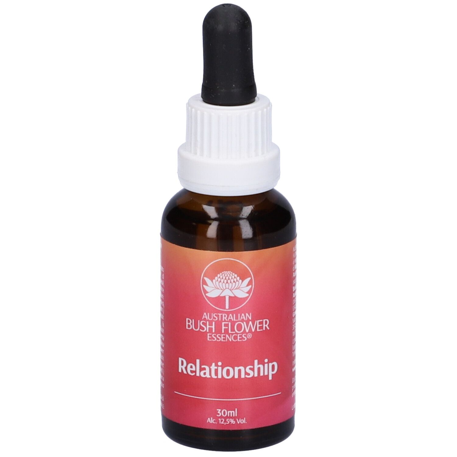 Flacone di vetro marrone con pipetta nera. Etichetta: Relationship, Australian Bush Flower Essences, 30ml.