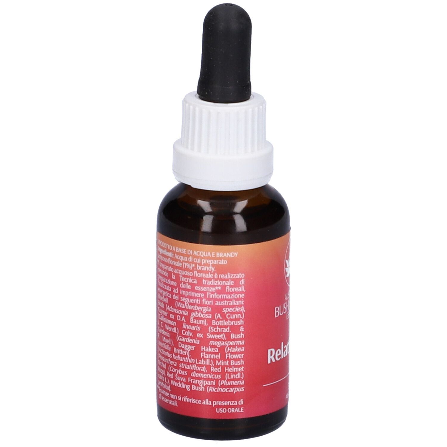 Flacone di vetro marrone con pipetta nera. Etichetta con testo e lista ingredienti. Australian Bush Flower Essences.