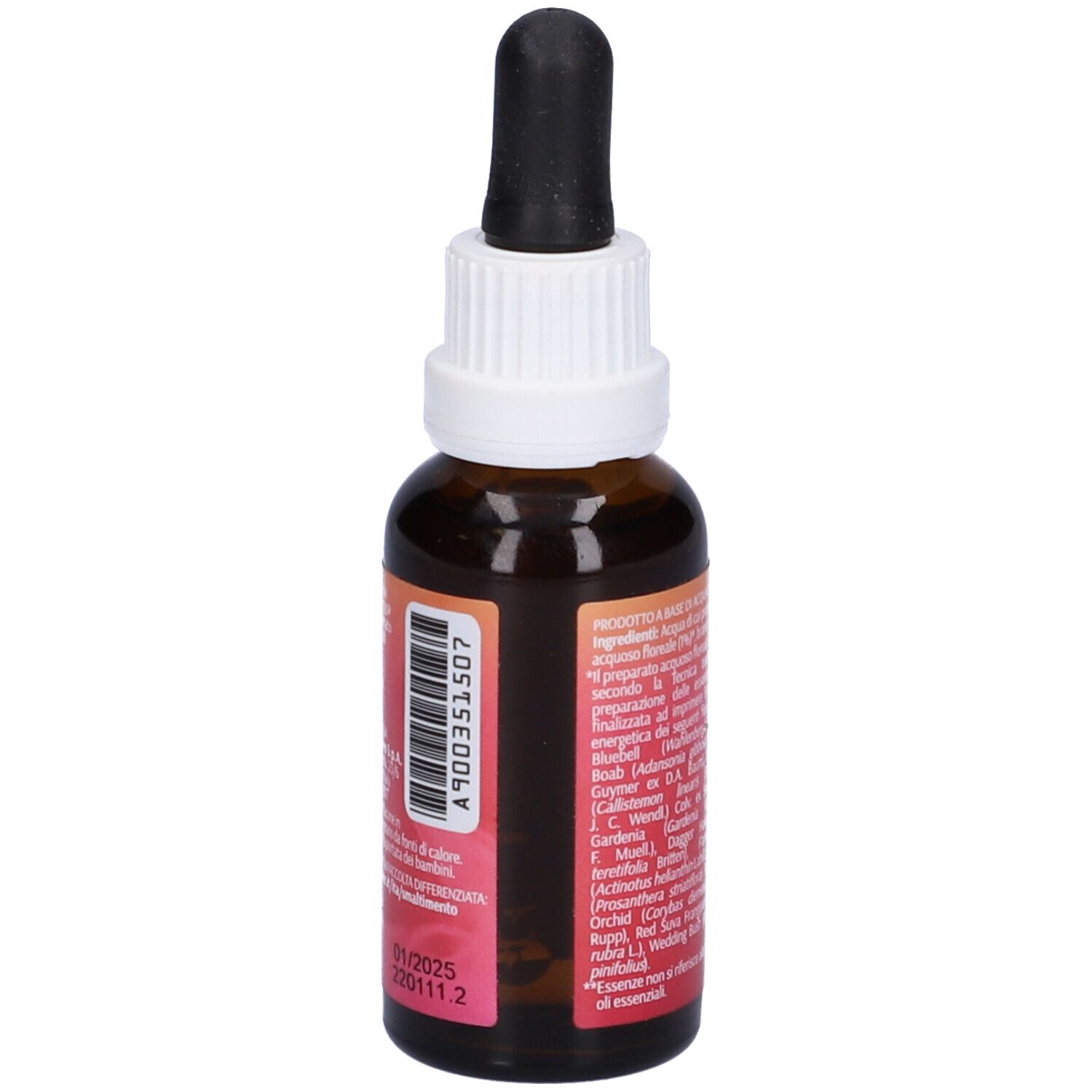 Flacone di vetro marrone con pipetta nera. Etichetta con testo e numero di lotto. Australian Bush Flower Essences.