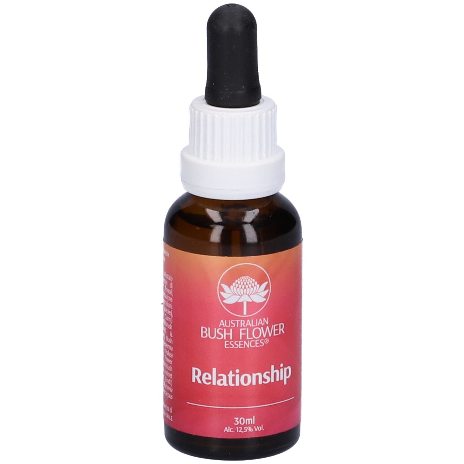 Flacone di vetro marrone con pipetta nera. Etichetta: Relationship, Australian Bush Flower Essences, 30ml.