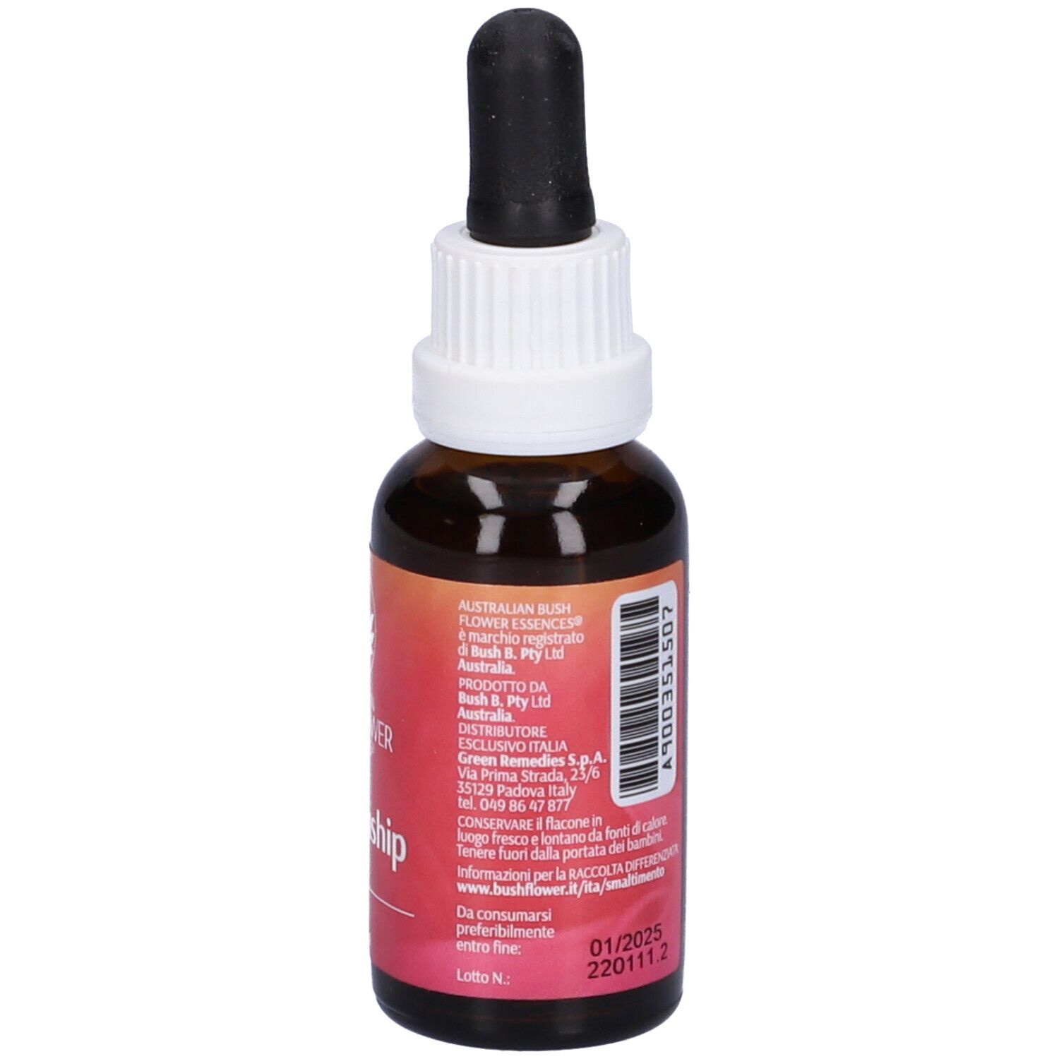 Flacone di vetro marrone con pipetta nera. Etichetta con testo, indirizzo e data di scadenza. Australian Bush Flower Essences.