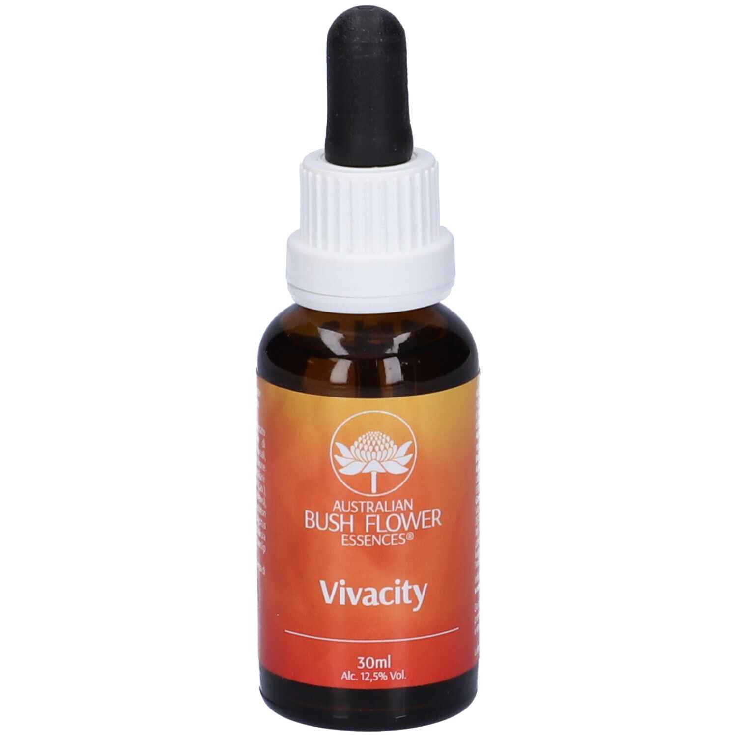 Flacone vetro marrone con tappo bianco e contagocce nero. Etichetta "Vivacity".