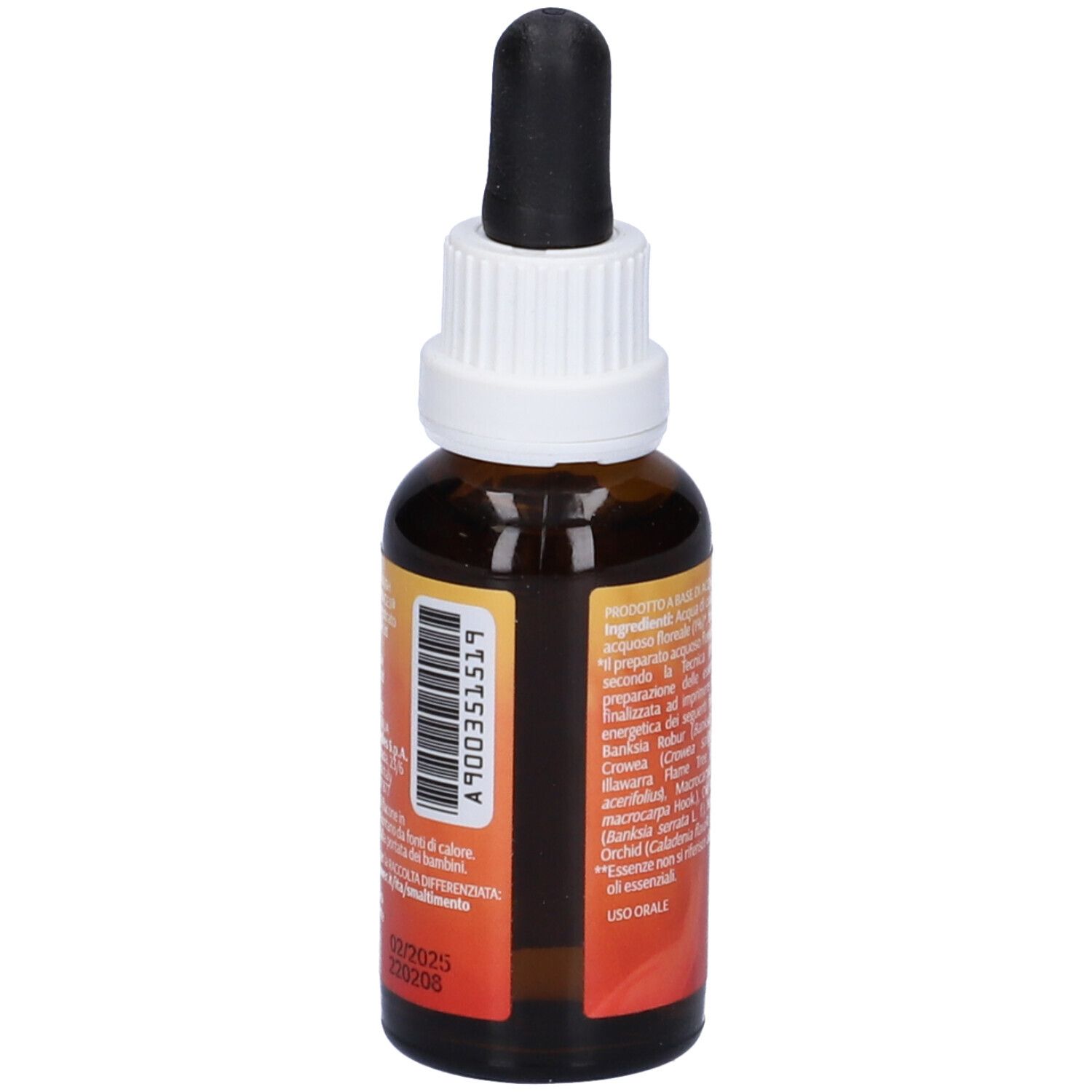 Flacone vetro marrone con tappo bianco e contagocce nero. Etichetta con testo.