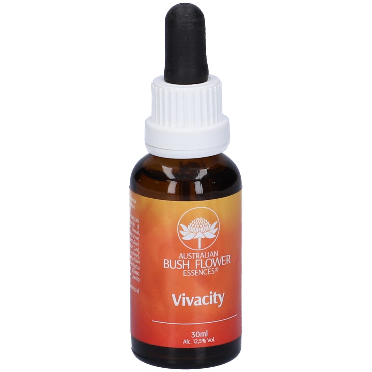 Flacone vetro marrone con tappo bianco e contagocce nero. Etichetta "Vivacity".