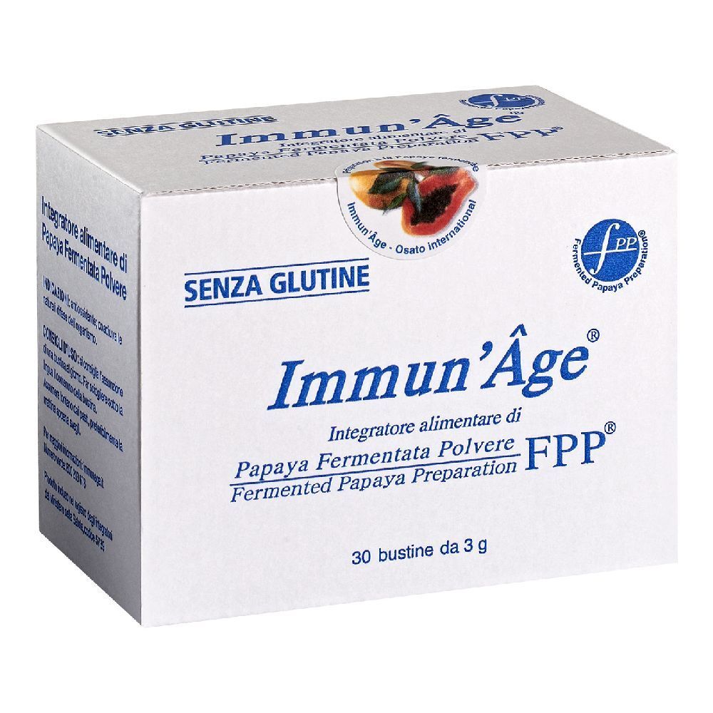 Boîte Immun'Âge, 30 sachets. Inscription 'Senza Glutine'. Logo FPP. Texte: Papaya Fermentata Polvere.