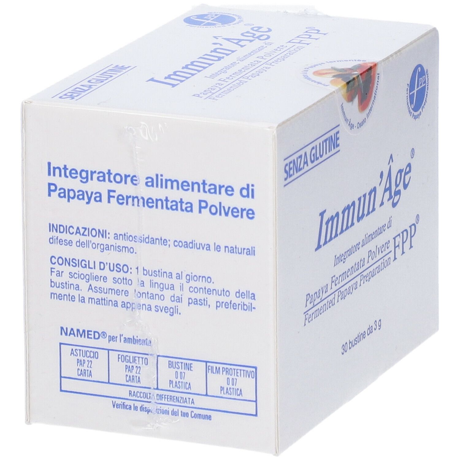 Boîte Immun'Âge. Texte: Papaya Fermentata Polvere. Logo FPP. 30 sachets. Verso avec texte et logo.
