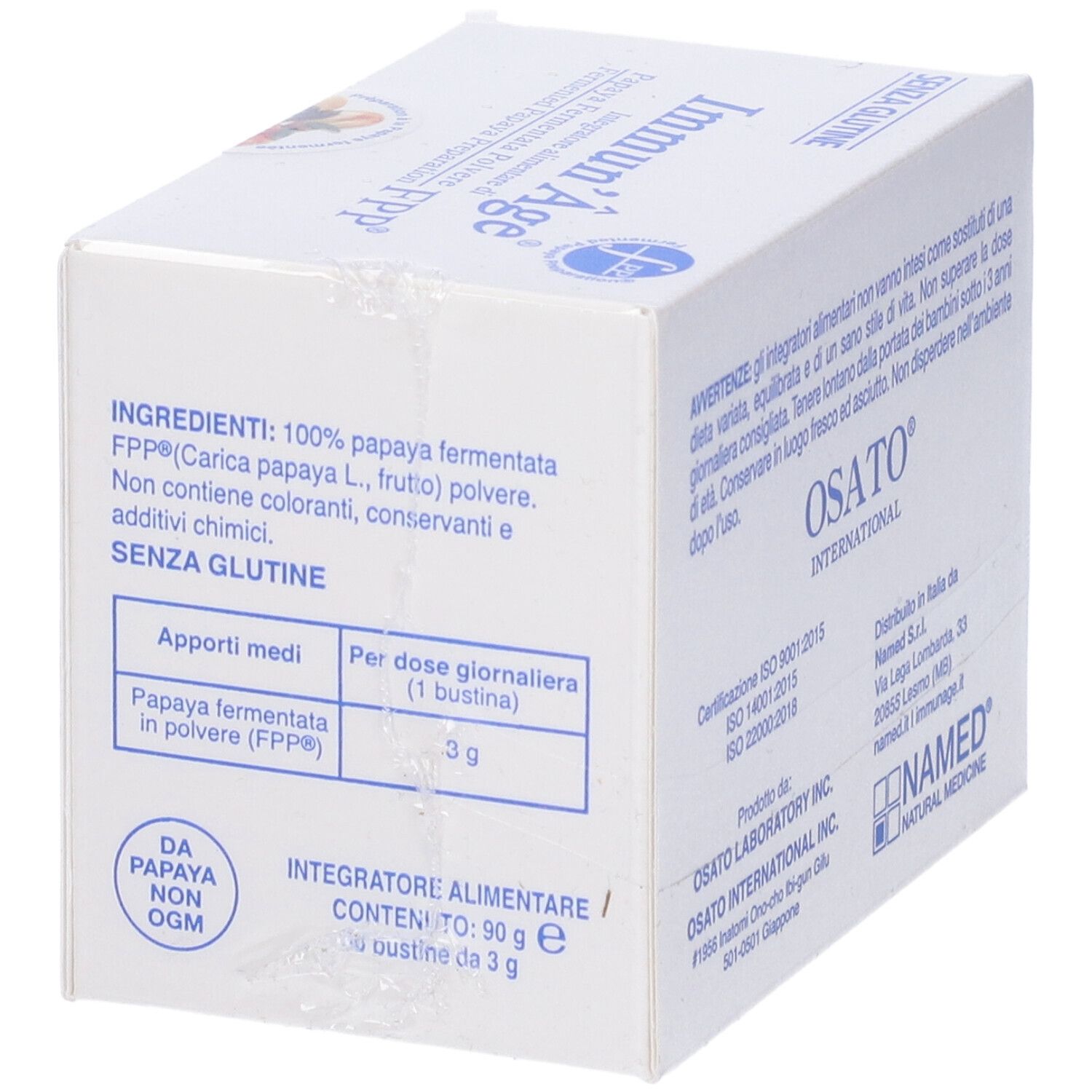 Boîte Immun'Âge. Texte: Papaya Fermentata Polvere. Logo FPP. 30 sachets. Verso avec ingrédients.