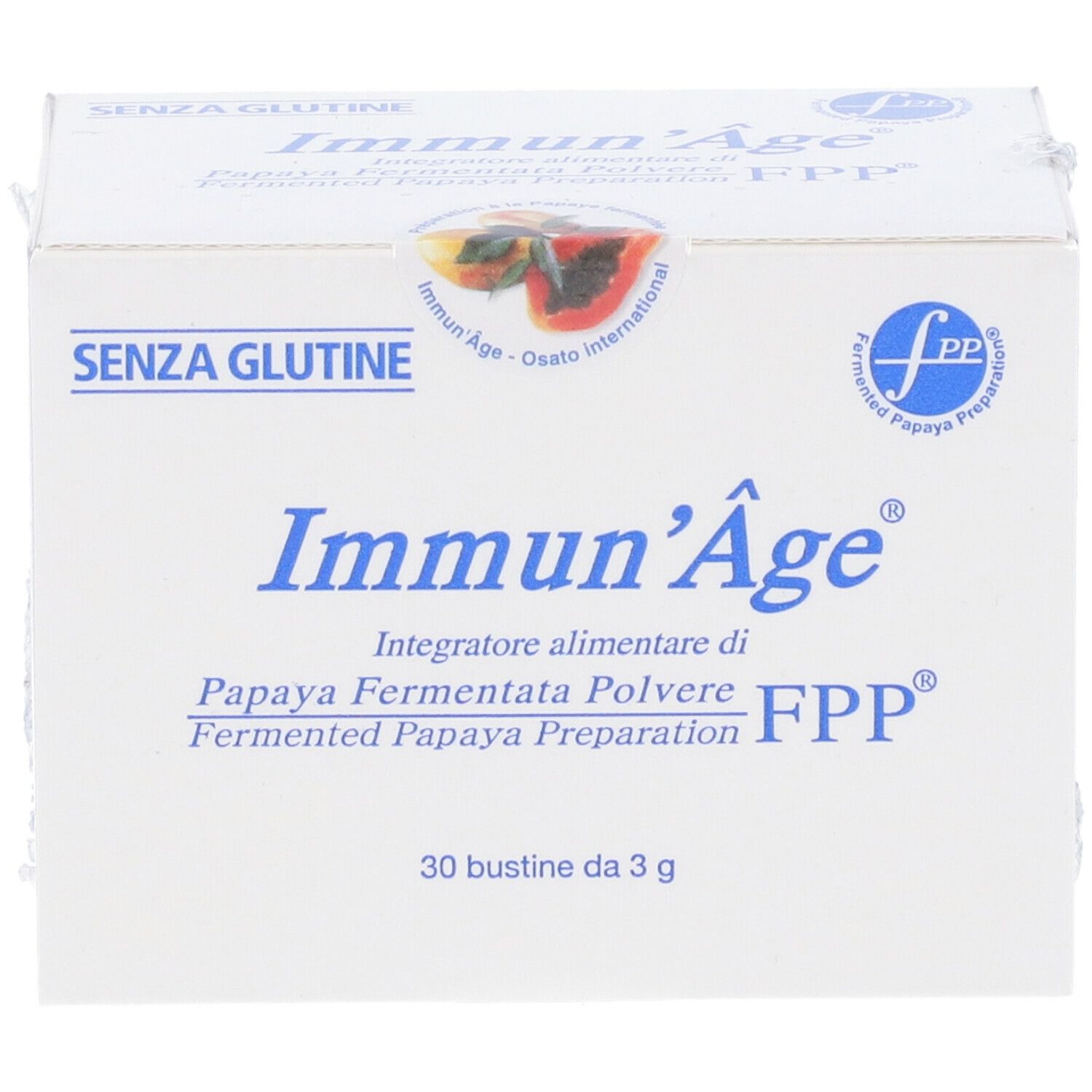Boîte Immun'Âge, 'Senza Glutine'. Texte: Papaya Fermentata Polvere. Logo FPP. 30 sachets. Vue du produit.
