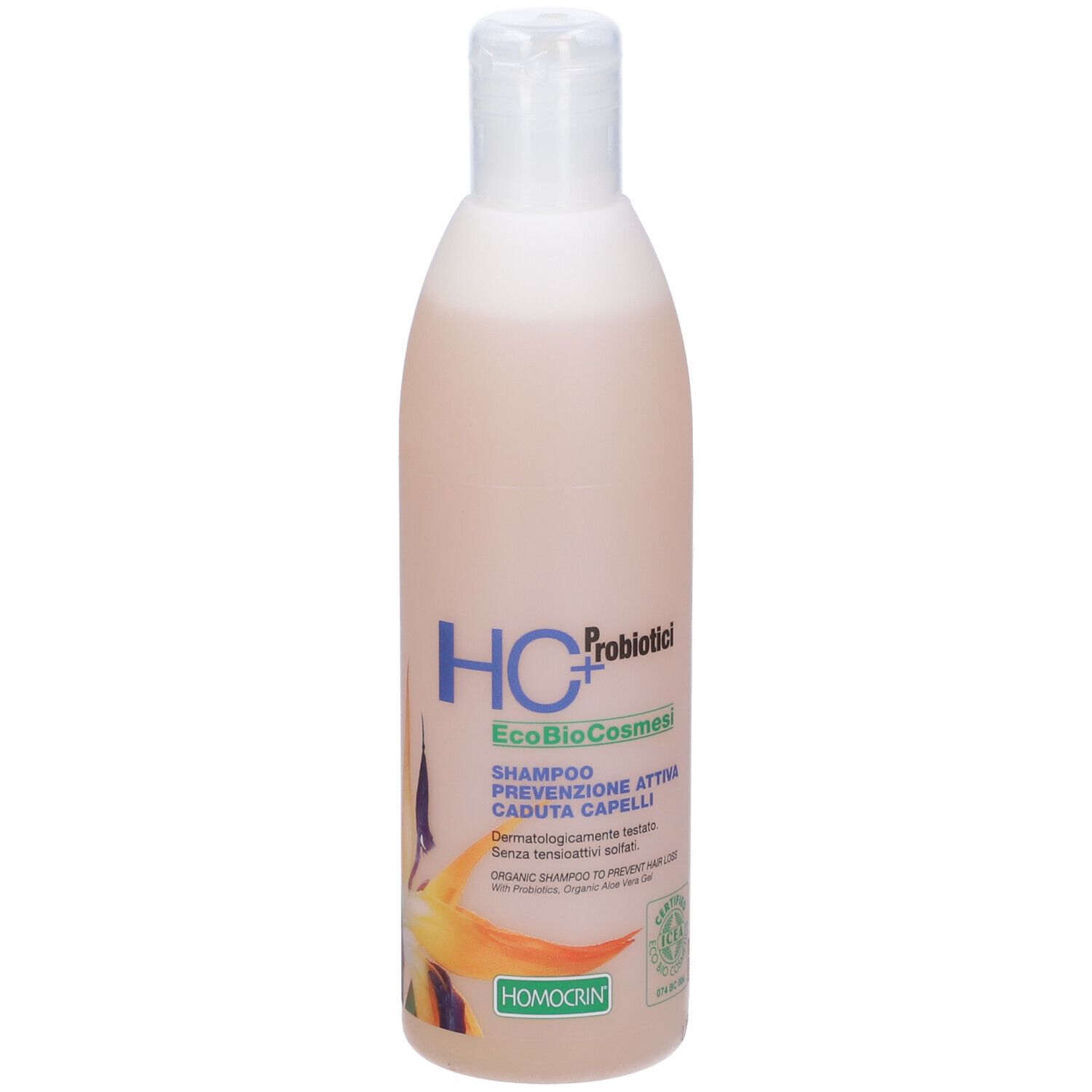 Flacone di shampoo. Tappo bianco. Liquido rosa. Nome e logo del prodotto sull'etichetta.