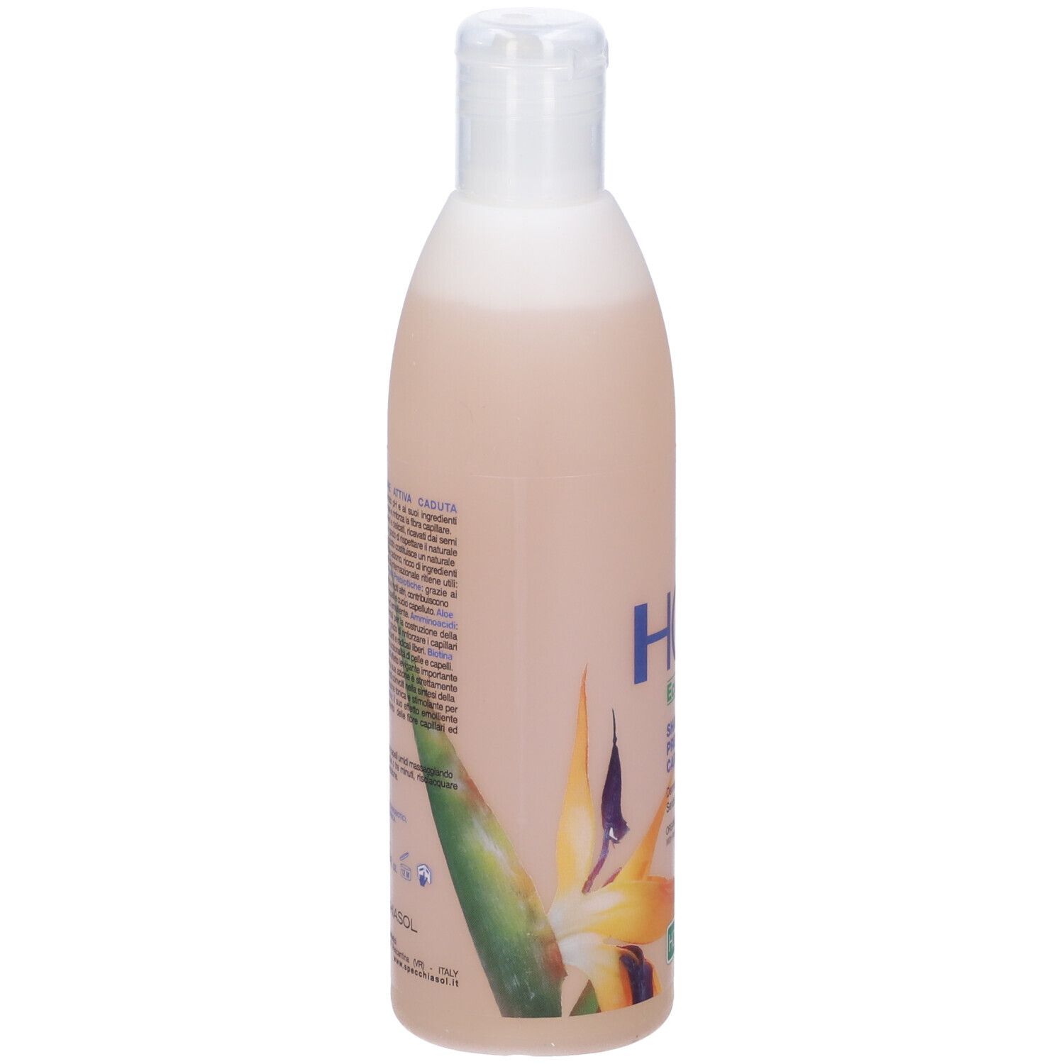 Flacone di shampoo. Tappo bianco. Liquido rosa. Etichetta con informazioni sul prodotto.
