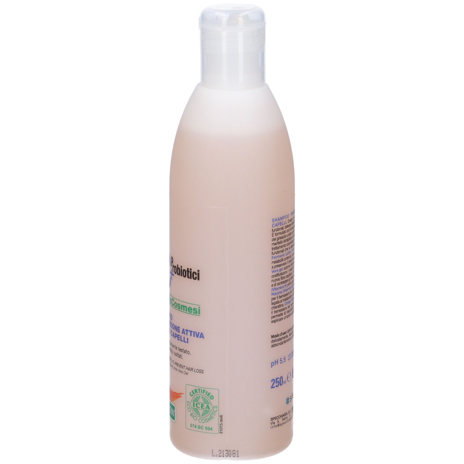 Flacone di shampoo. Tappo bianco. Liquido rosa. Etichetta con informazioni sul prodotto.