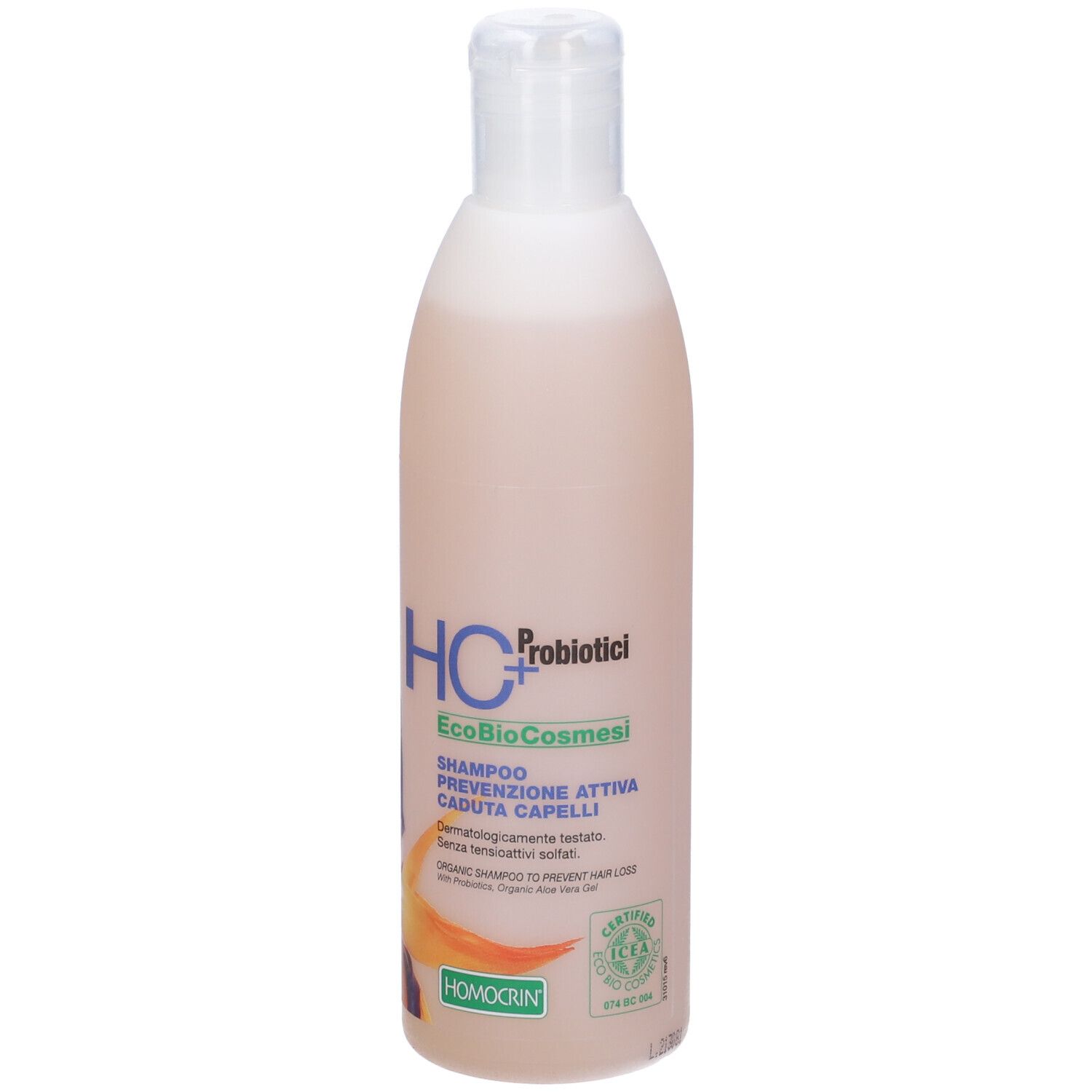 Flacone di shampoo. Tappo bianco. Liquido rosa. Nome e logo del prodotto sull'etichetta.