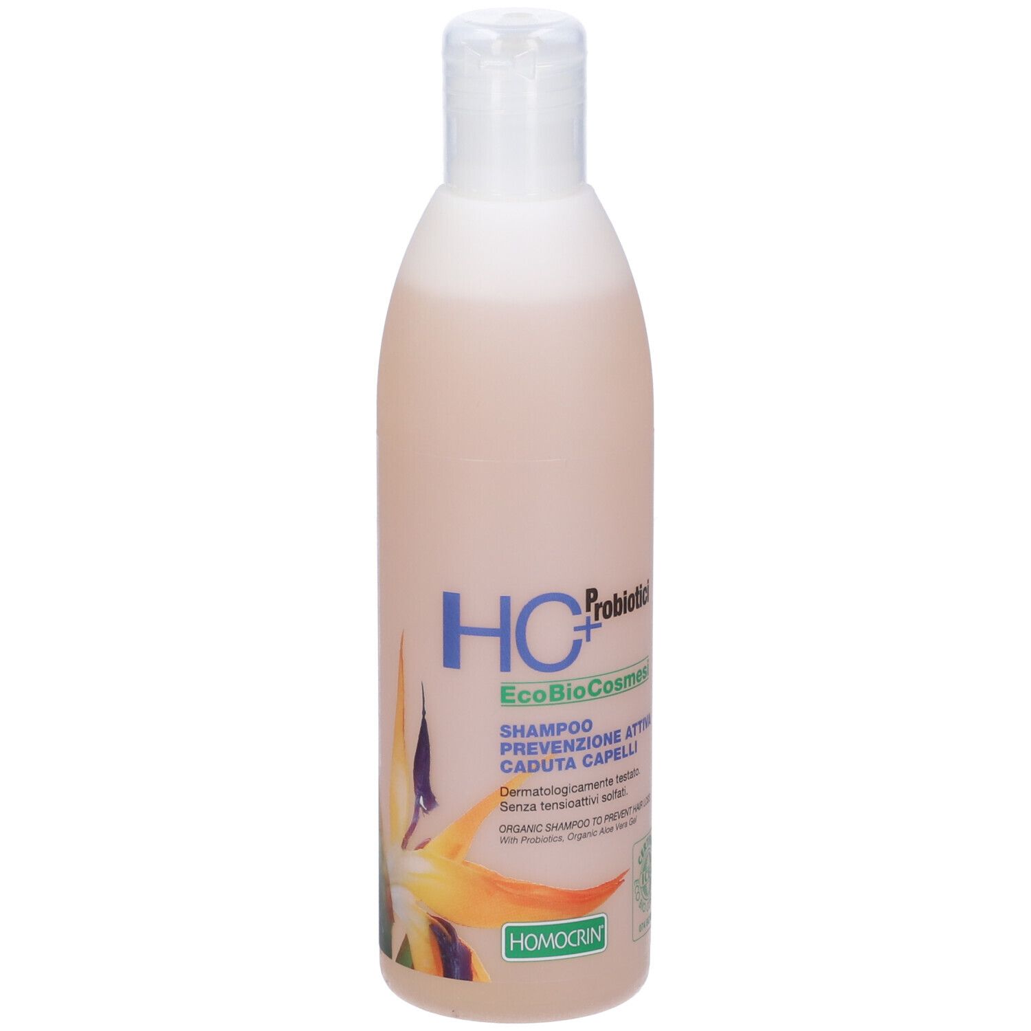Flacone di shampoo. Tappo bianco. Liquido rosa. Nome e logo del prodotto sull'etichetta.
