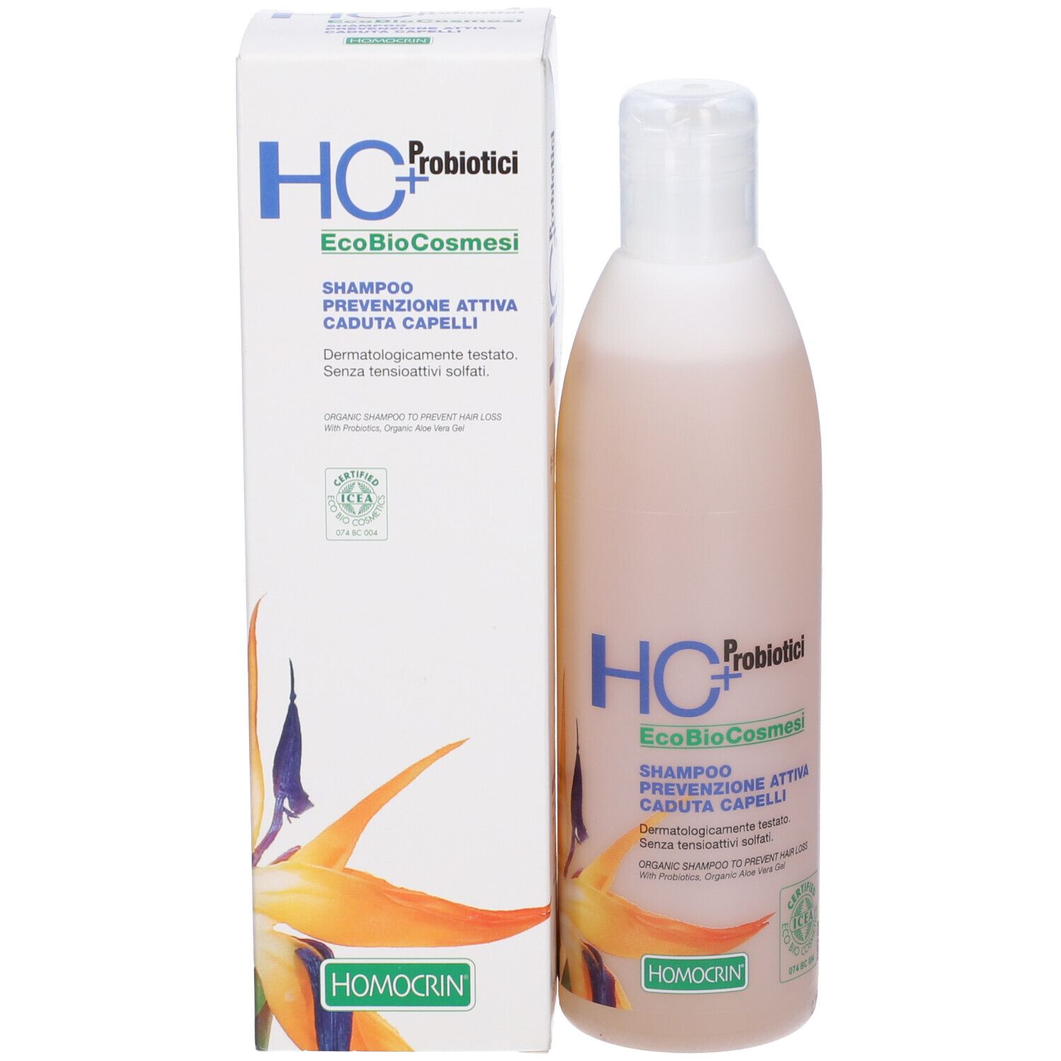 Flacone e scatola di shampoo. Tappo bianco. Liquido rosa. Nome e logo del prodotto su entrambi.