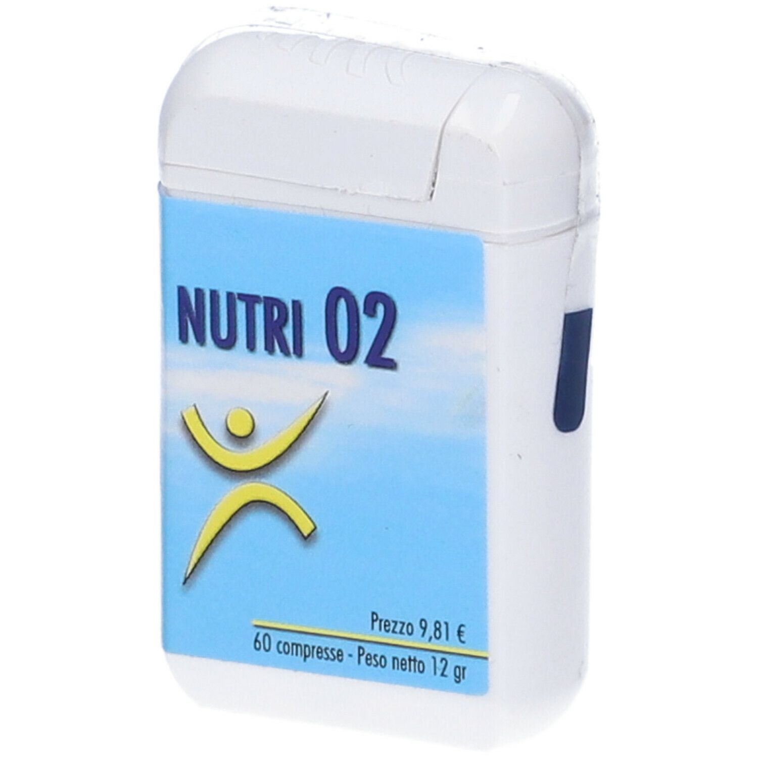Contenitore bianco con etichetta blu. Scritta: Nutri 02, figura gialla. Contiene 60 compresse, peso netto 12 g. Prezzo 9,81 €.
