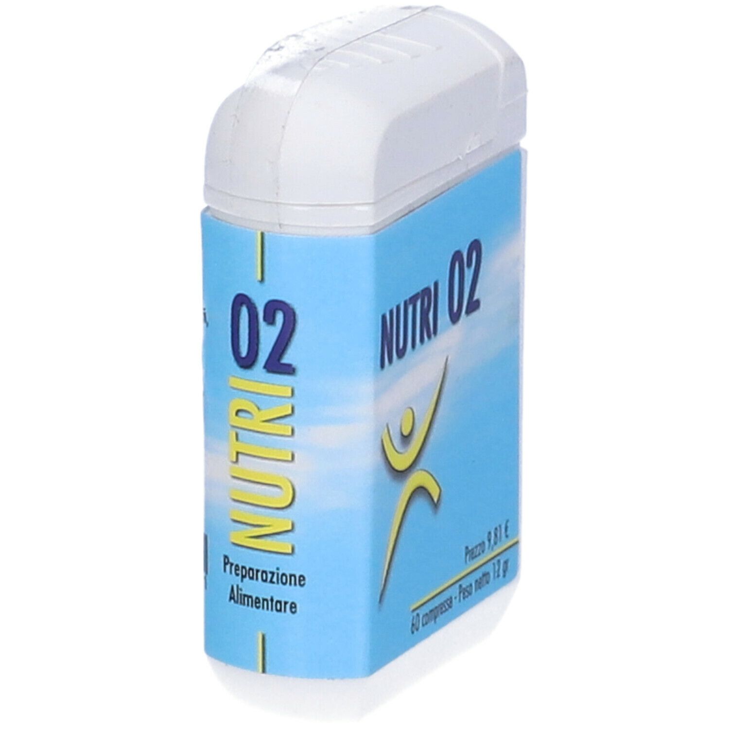 Contenitore bianco con etichetta blu. Scritta: Nutri 02, figura gialla. Contiene 60 compresse, peso netto 12 g. Prezzo 9,81 €.