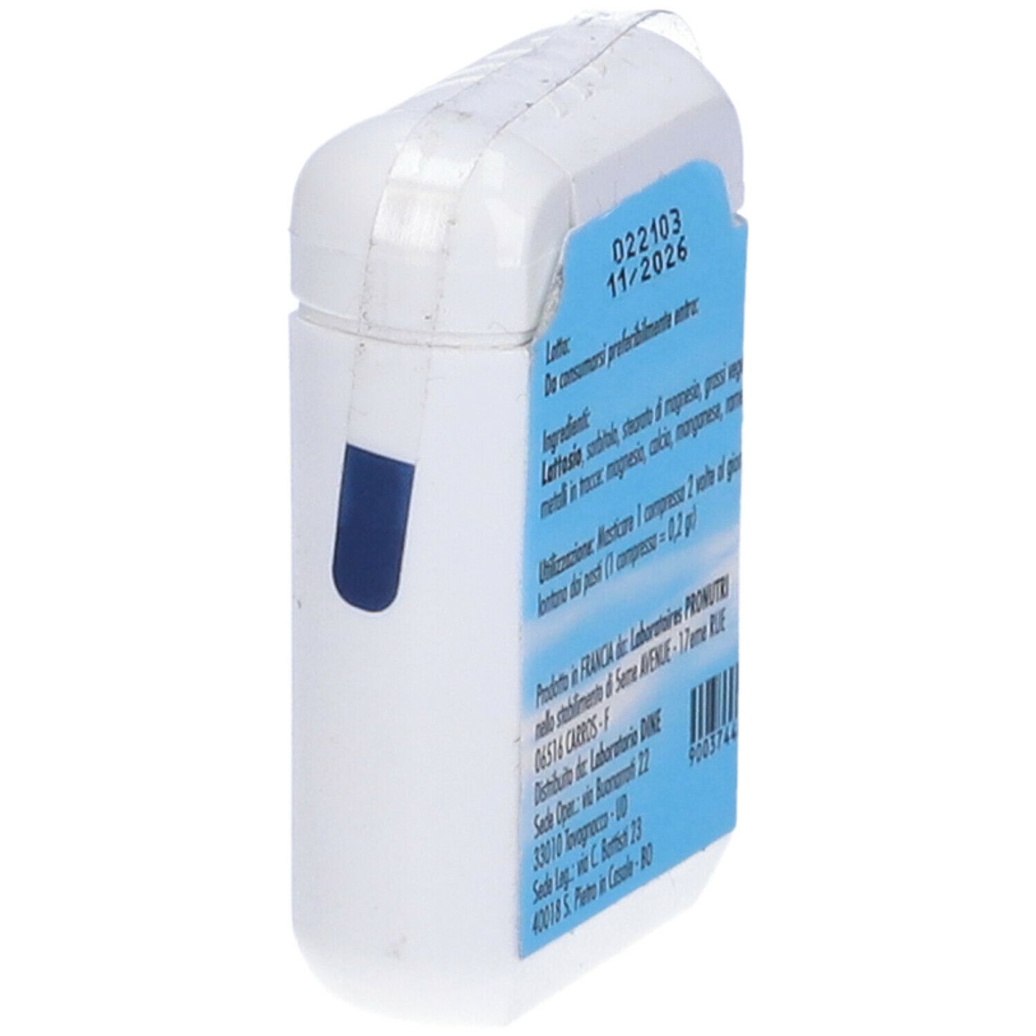 Contenitore bianco con etichetta blu. Scritta: Nutri 02, figura gialla. Contiene 60 compresse, peso netto 12 g. Testo sul retro.