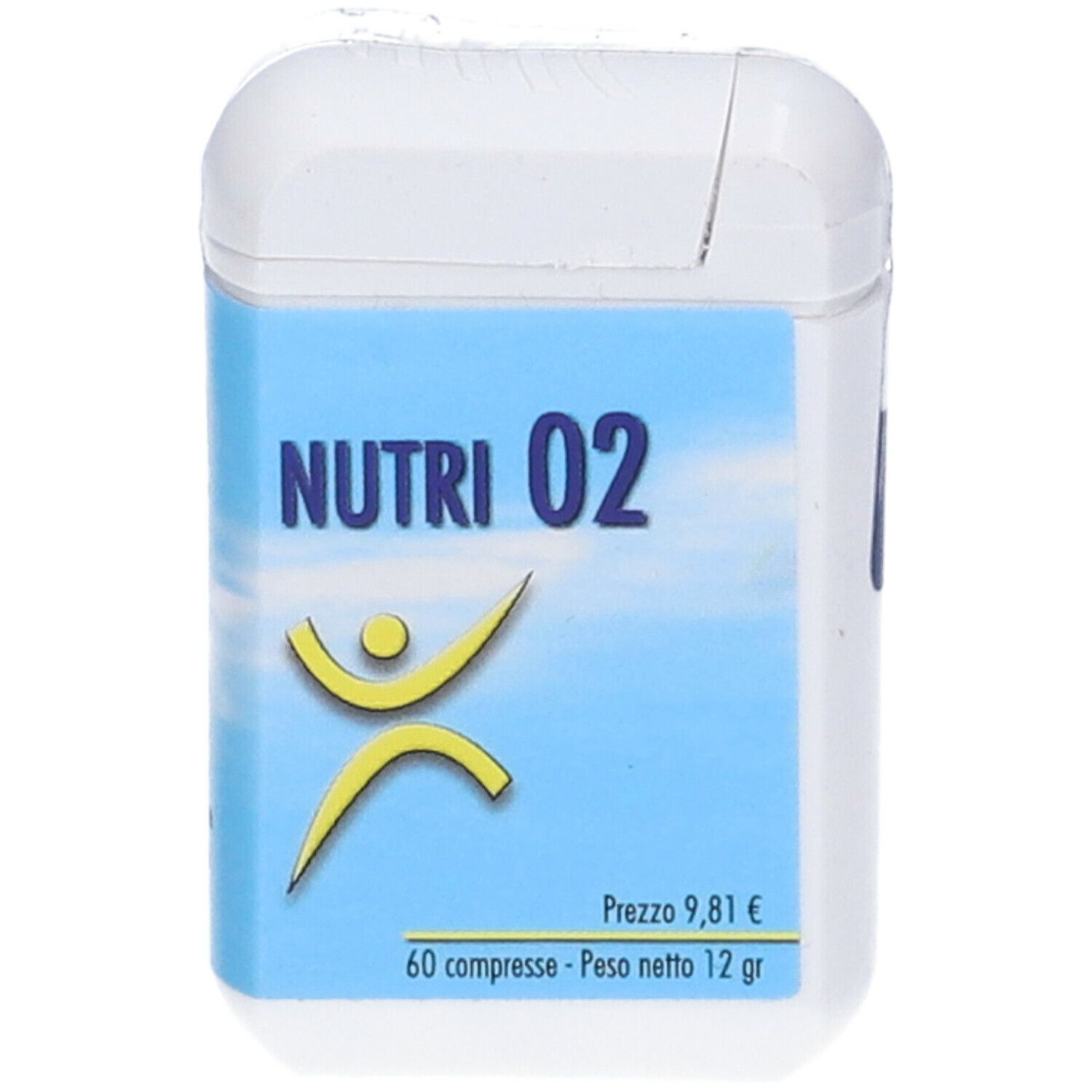 Contenitore bianco con etichetta blu. Scritta: Nutri 02, figura gialla. Contiene 60 compresse, peso netto 12 g. Prezzo 9,81 €.
