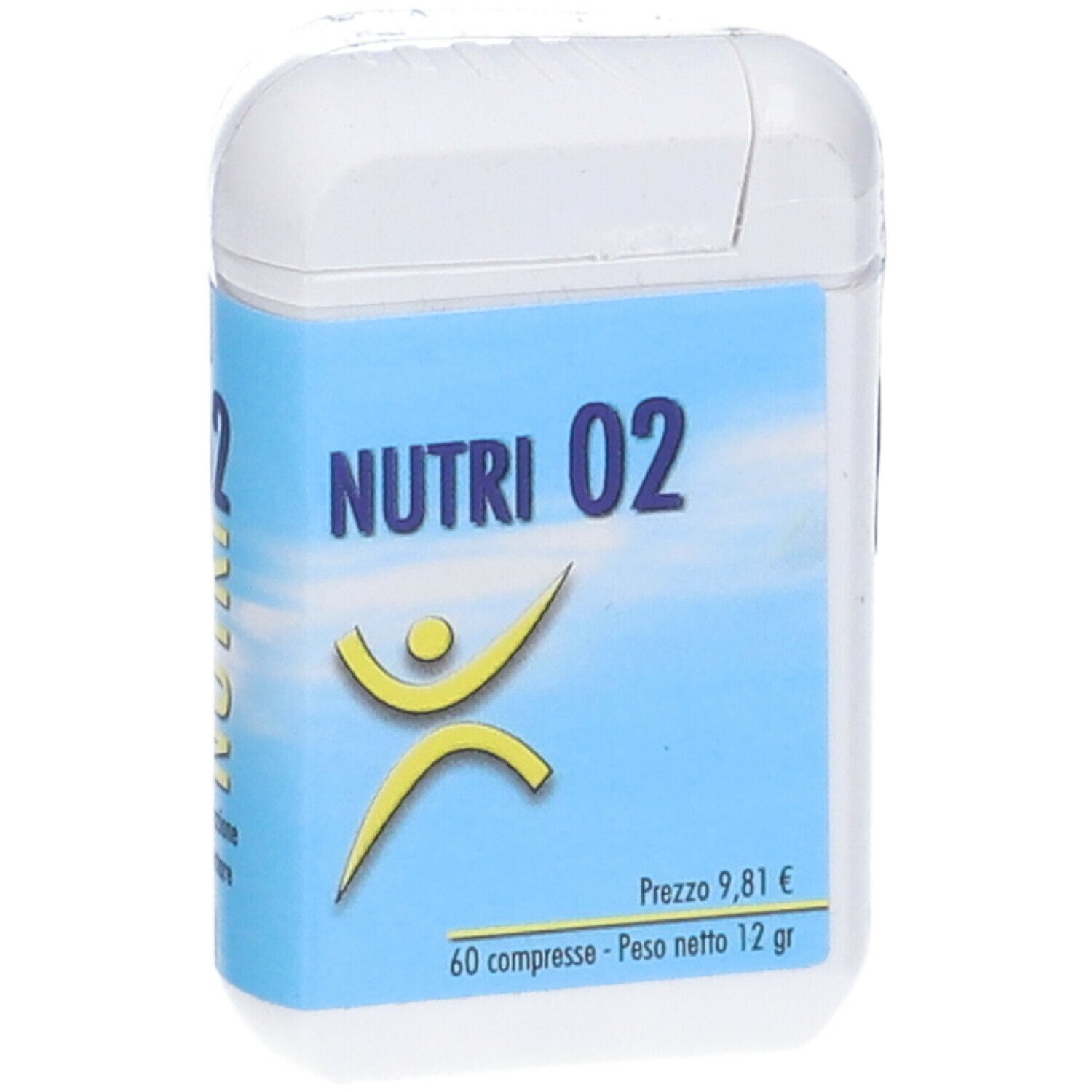 Contenitore bianco con etichetta blu. Scritta: Nutri 02, figura gialla. Contiene 60 compresse, peso netto 12 g. Prezzo 9,81 €.